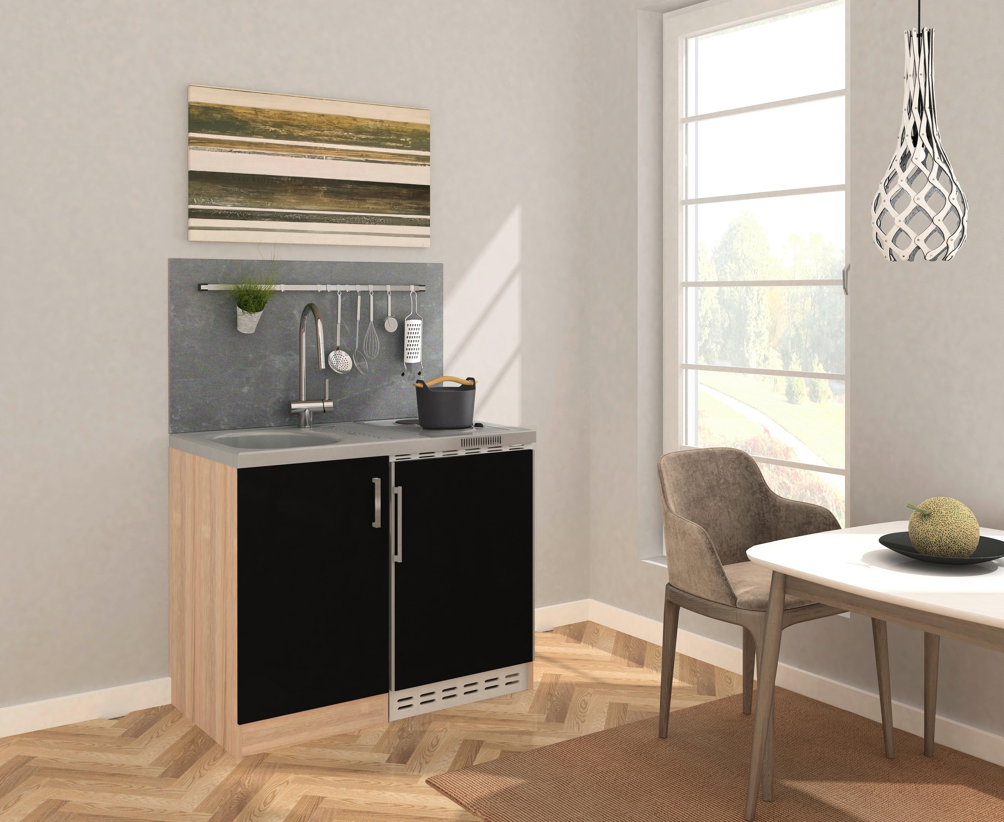 Miniküche Schwarz/Eiche Sonoma m. Geräten B: ca. 100cm - Edelstahlfarben/Schwarz, MODERN, Holzwerkstoff/Kunststoff (100cm) - Respekta