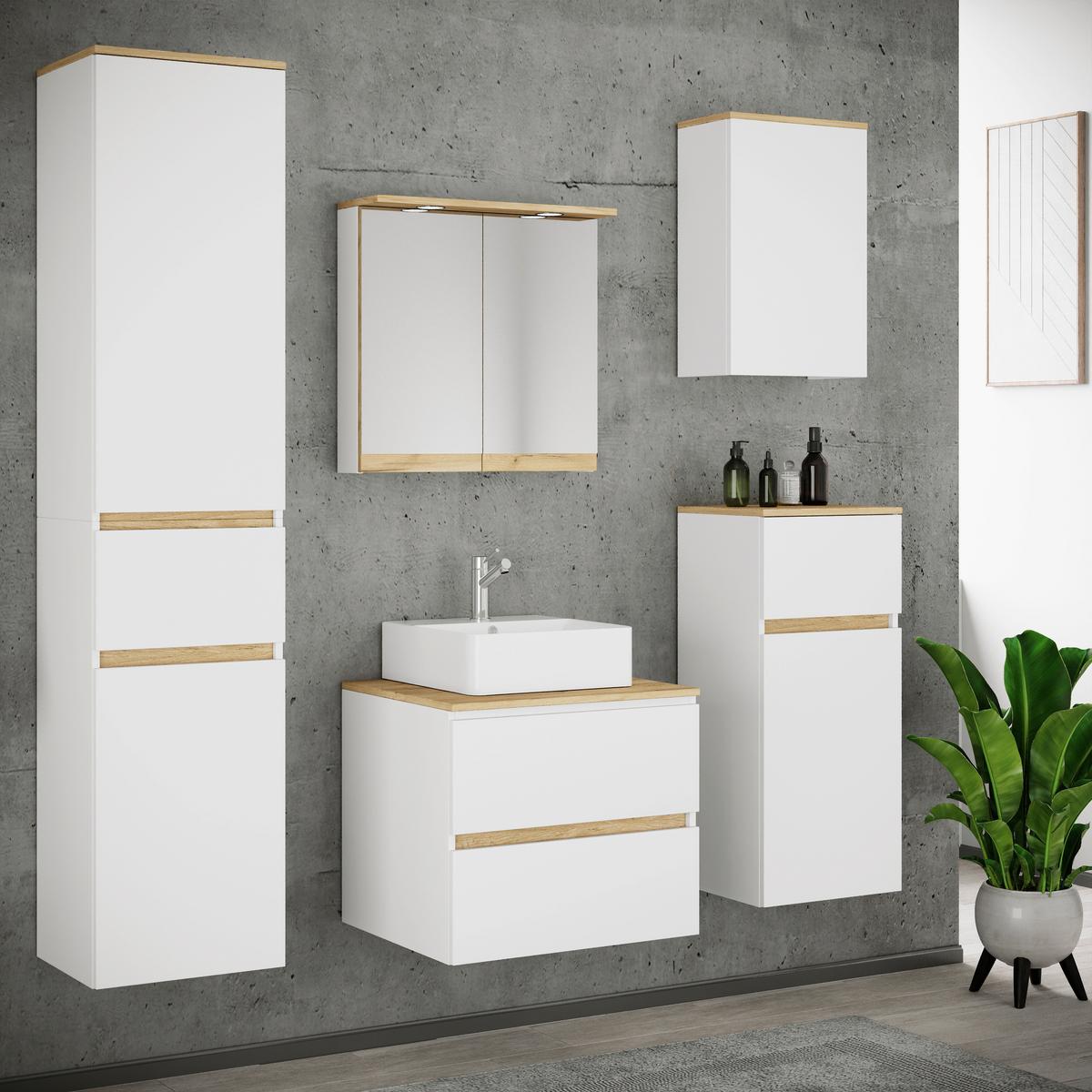 Badezimmer Cosila - Honigeiche/Weiss, Trend, Keramik/Holzwerkstoff (140cm) - MID.YOU