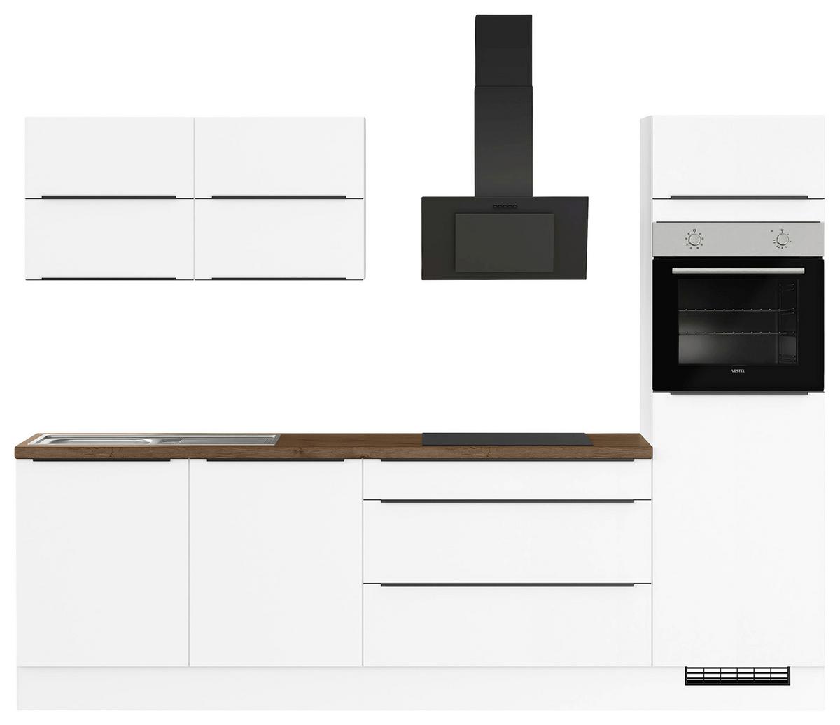 Küchenblock inkl. 5 E-Geräte IP3150 Weiß - Eichefarben/Schwarz, Trend, Holzwerkstoff/Metall (280cm) - Impuls