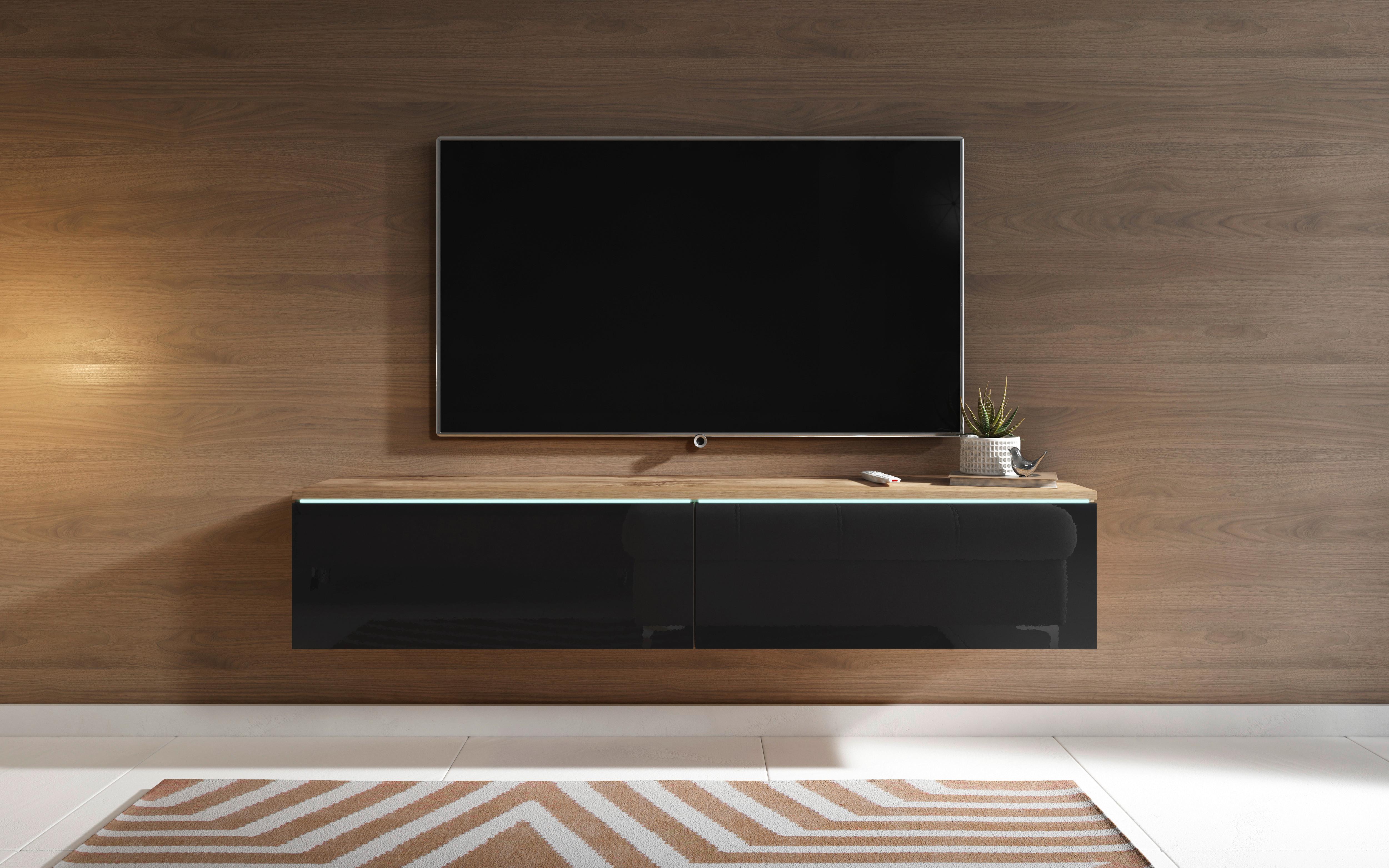 TV-Lowboard mit LED ca. 140x30 cm Eiche/Schwarz - Schwarz Hochglanz/Eiche Wotan, LIFESTYLE, Holzwerkstoff/Kunststoff (140/30/33cm) - P & B