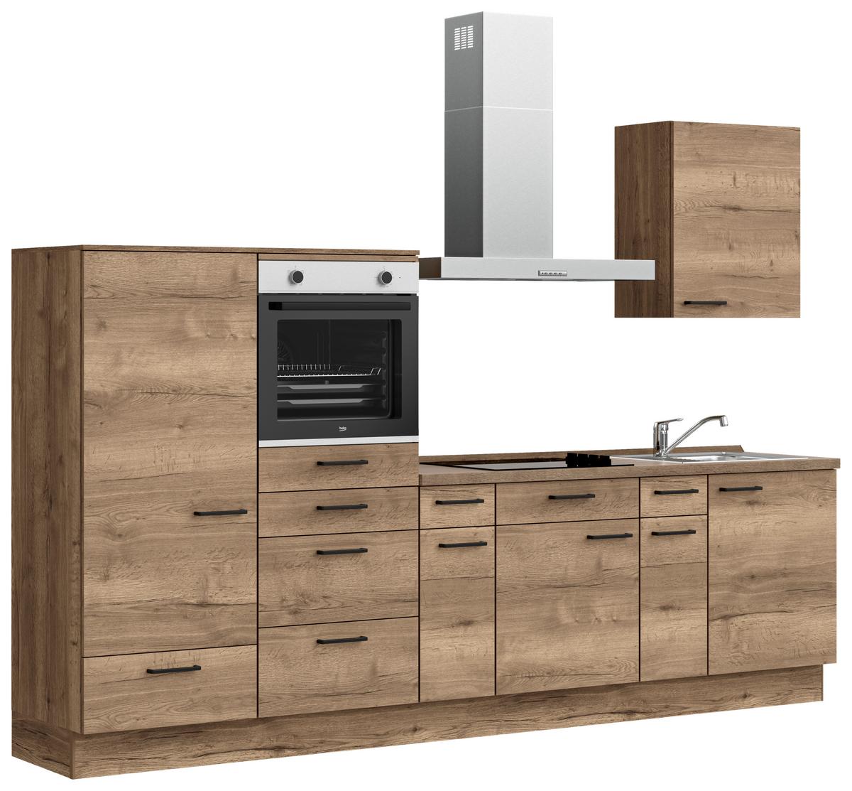 Küchenblock Structura Low m. Geräten Eiche dunkel - Eiche dunkel/Eichefarben, MODERN, Holzwerkstoff/Metall (300cm) - Nobilia