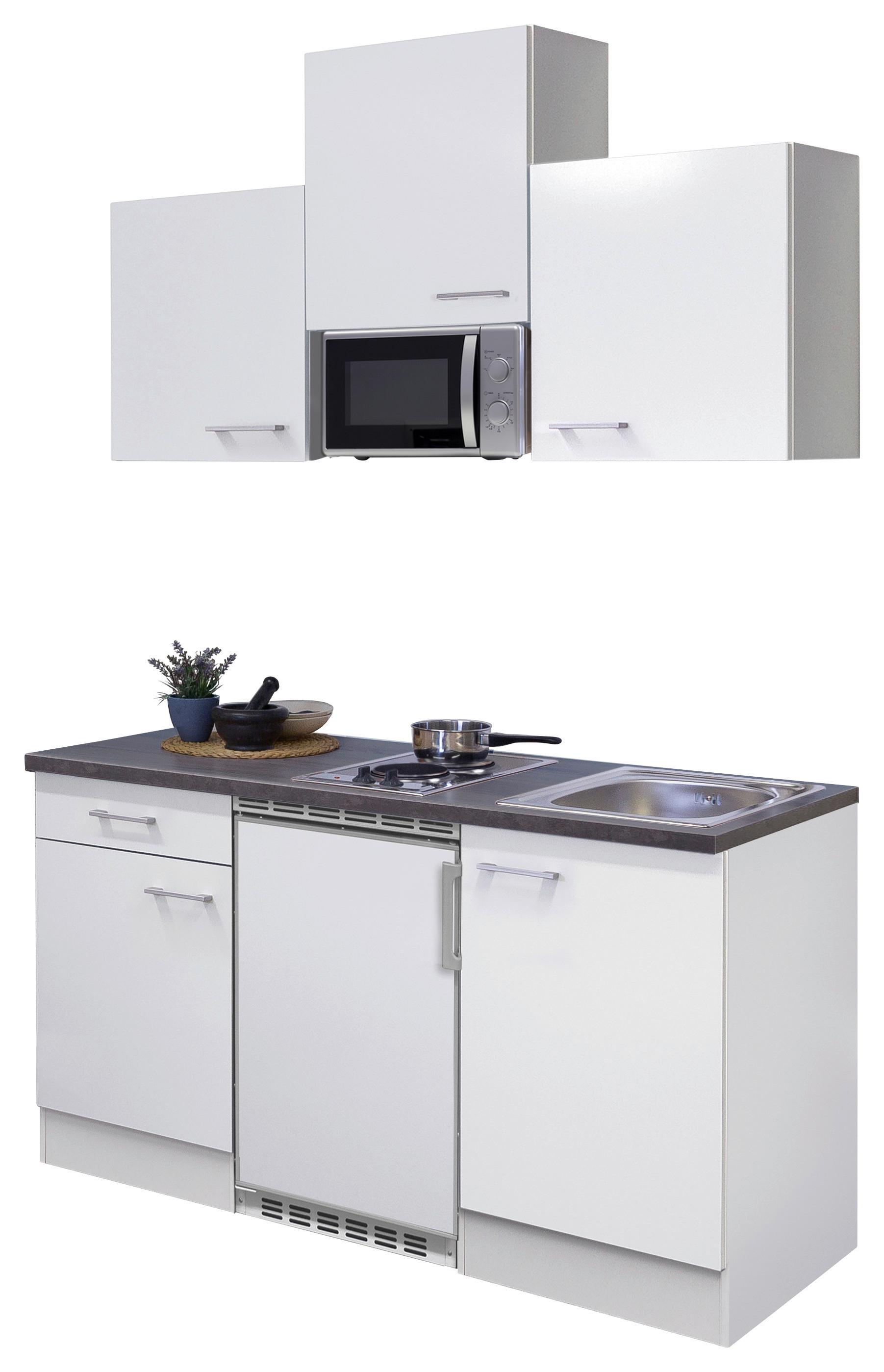 Miniküche Lucca m. Geräten B: ca. 150cm Weiß - Graubraun/Alufarben, KONVENTIONELL, Holzwerkstoff/Kunststoff (150,5cm) - FlexWell
