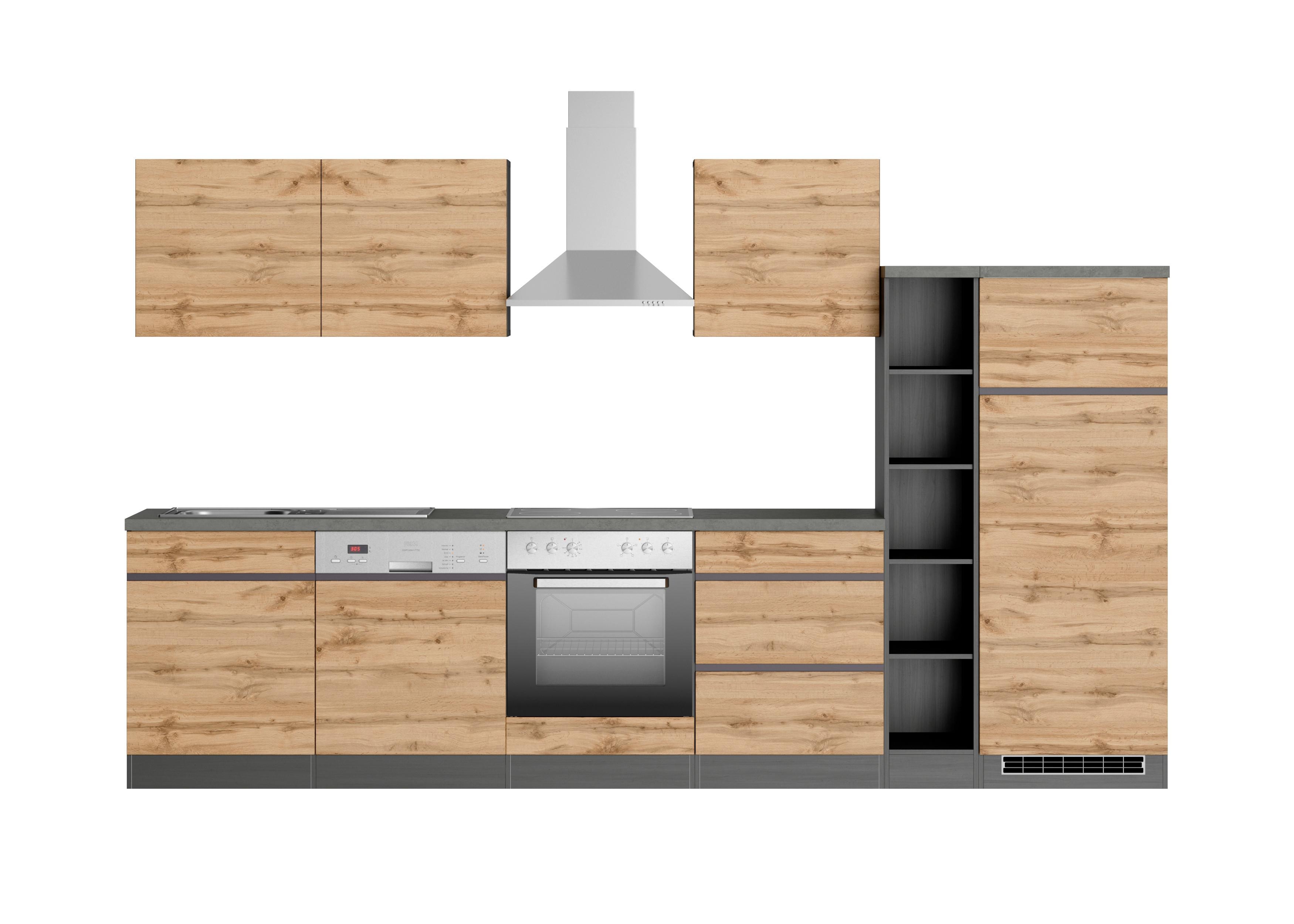 Küchenzeile Turin mit Geräten ca. 330 cm Graphit/Eiche - Eiche Wotan/Graphitfarben, Design, Holzwerkstoff (330cm) - Held