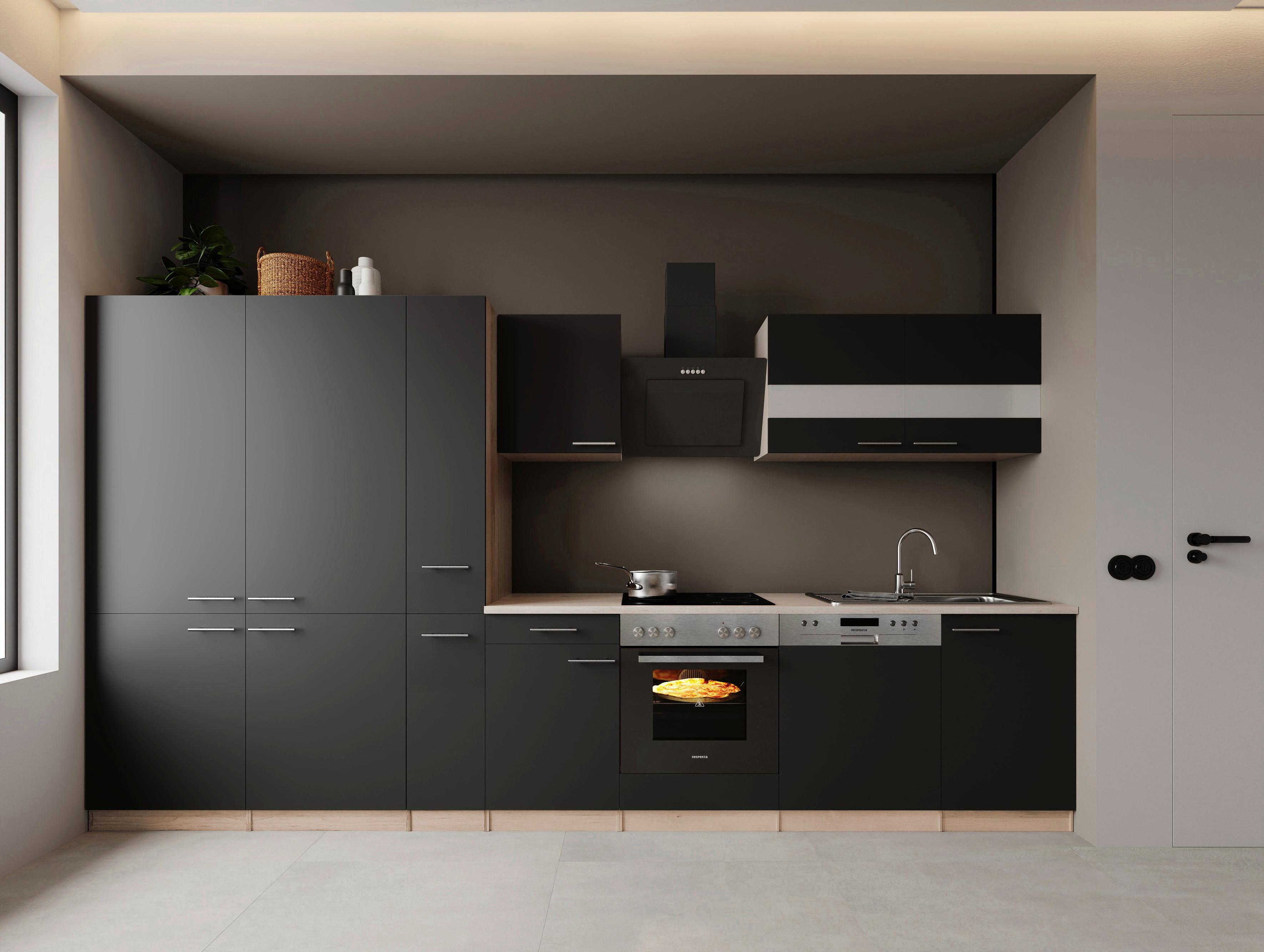 Küchenblock Merle m. Geräten Schwarz - Edelstahlfarben/Eichefarben, Trend, Holzwerkstoff/Metall (370cm) - Respekta