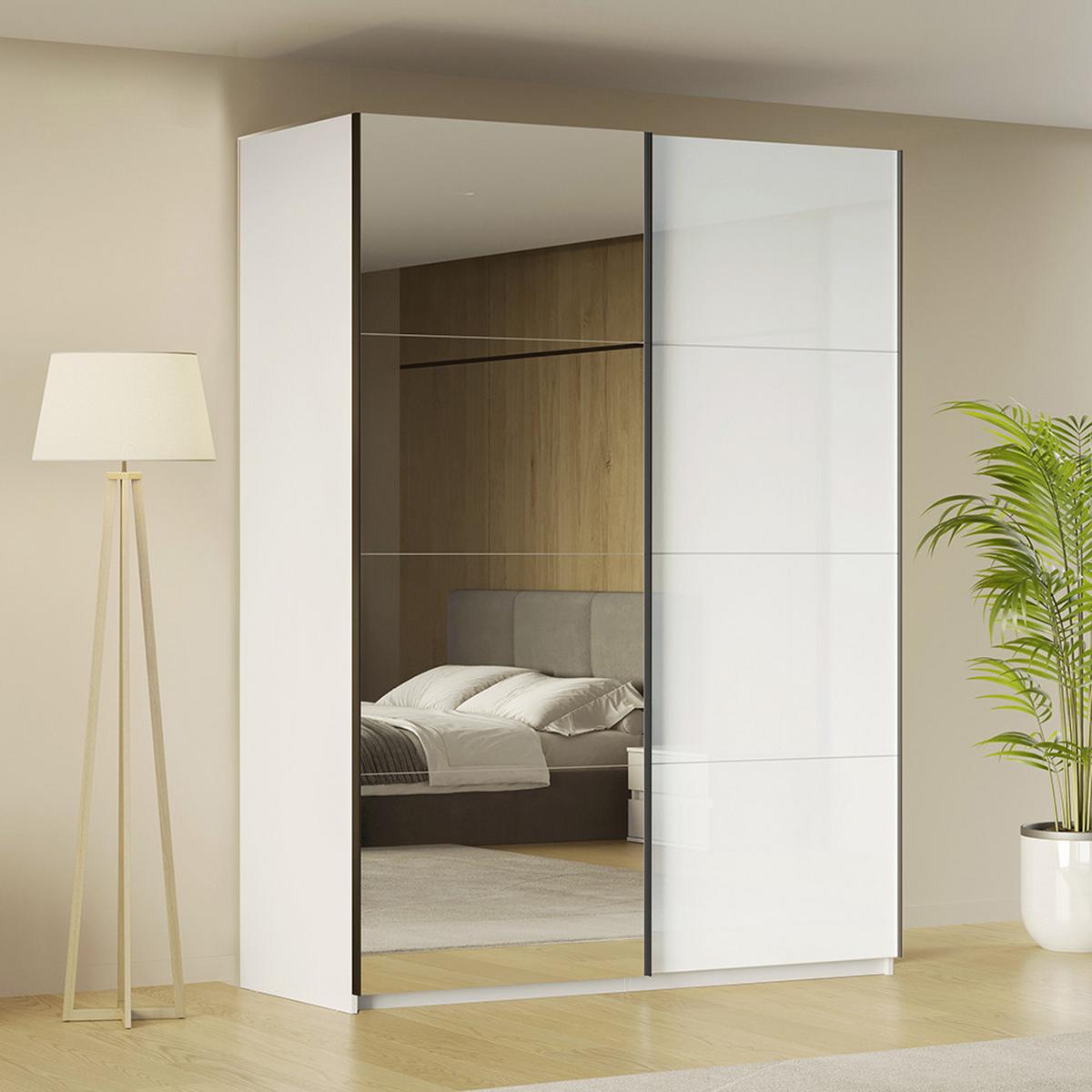 Schwebetürenschrank Family Weiß - Weiß Hochglanz/Schwarz, MODERN, Holzwerkstoff/Metall (150/212/62cm) - Mömax