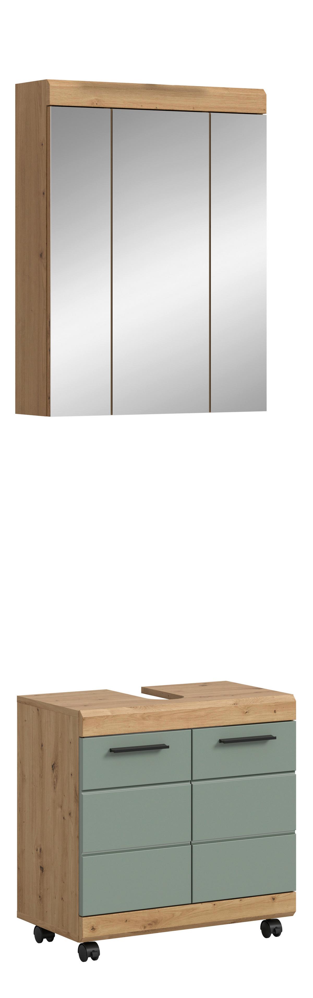 Badezimmer Scout Salbeigrün /Eiche Artisan 2-teilig - Salbeigrün/Schwarz, Trend, Glas/Holzwerkstoff (60cm) - MID.YOU