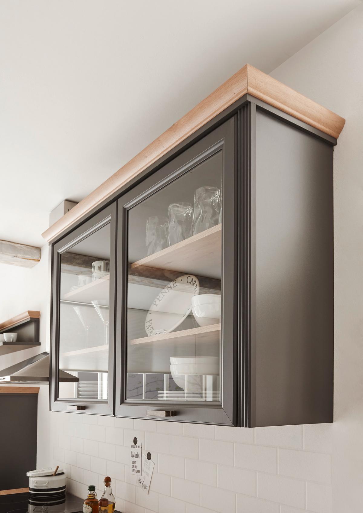 Küchenblock Jasmit mit Geräten ca. 210 cm Anthrazit/Eiche - Anthrazit/Eiche Artisan, ROMANTIK / LANDHAUS, Glas/Holzwerkstoff (210-134cm) - P & B