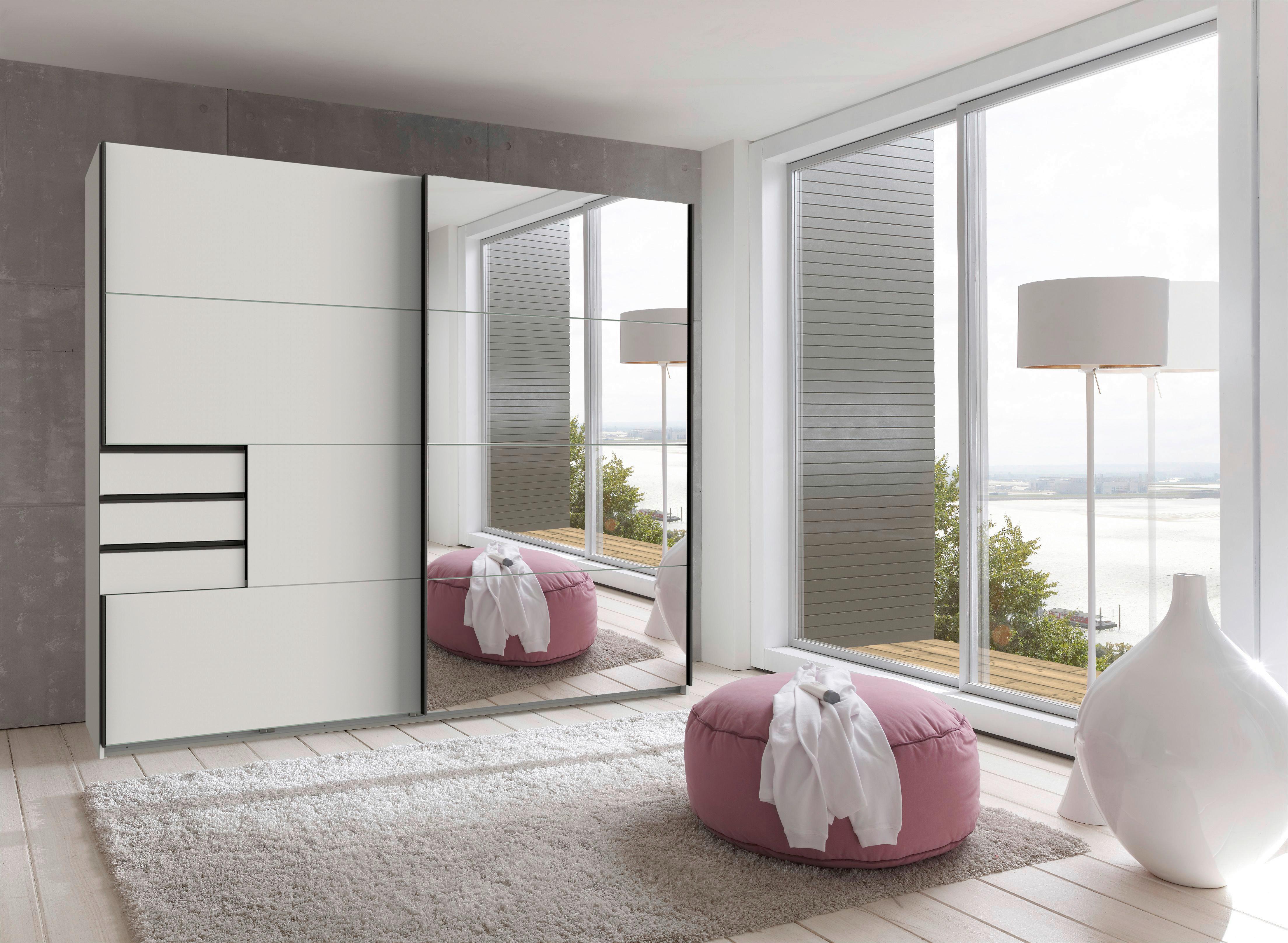 Schwebetürenschrank Saigon in Weiß ca. 225x208x64cm - Silberfarben/Schwarz, KONVENTIONELL, Glas/Holzwerkstoff (225/208/64cm) - Premium Living