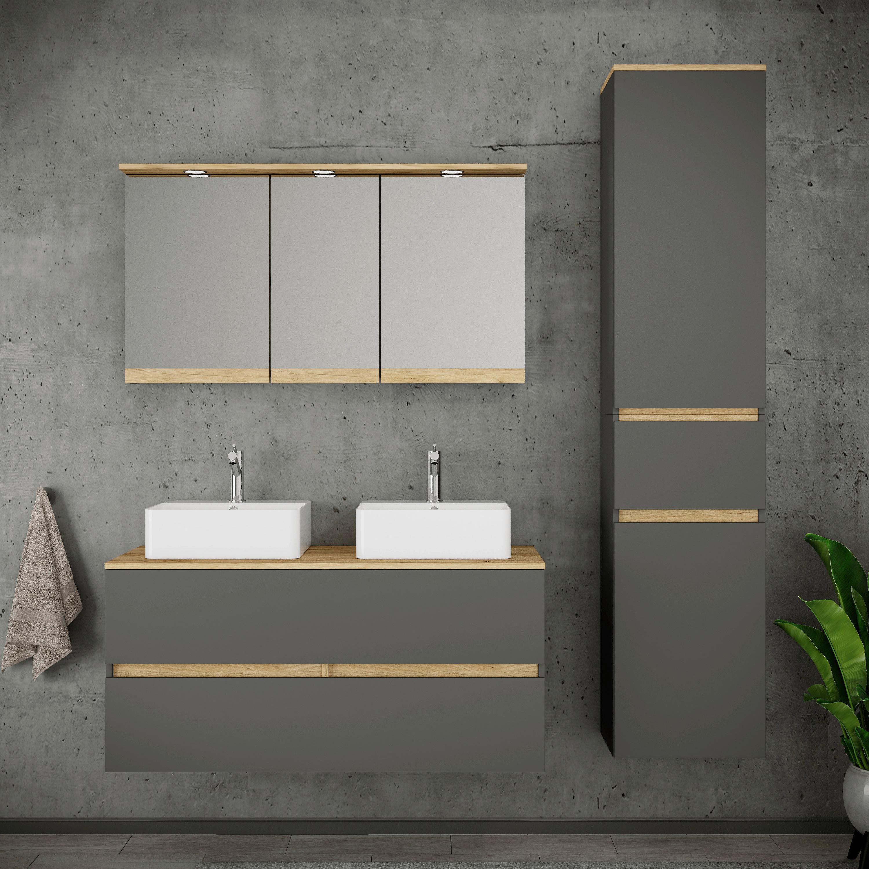 Badezimmer Cosila - Honigeiche/Weiss, Trend, Keramik/Holzwerkstoff (151cm) - MID.YOU