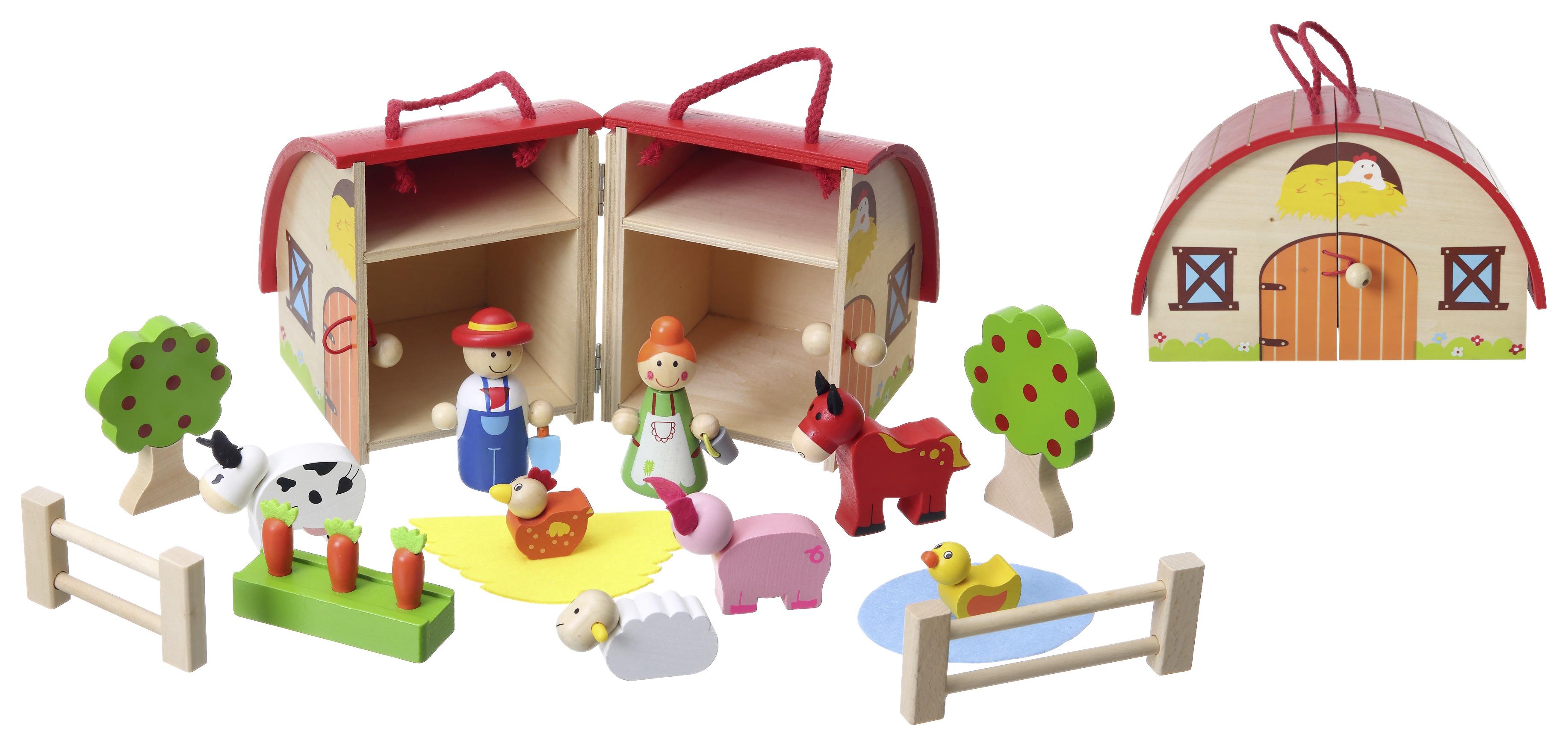 Spielkoffer Bauernhof aus Holz, 16-teilig - Multicolor, Basics, Holz/Textil (24,3/11,6/17cm) - Based