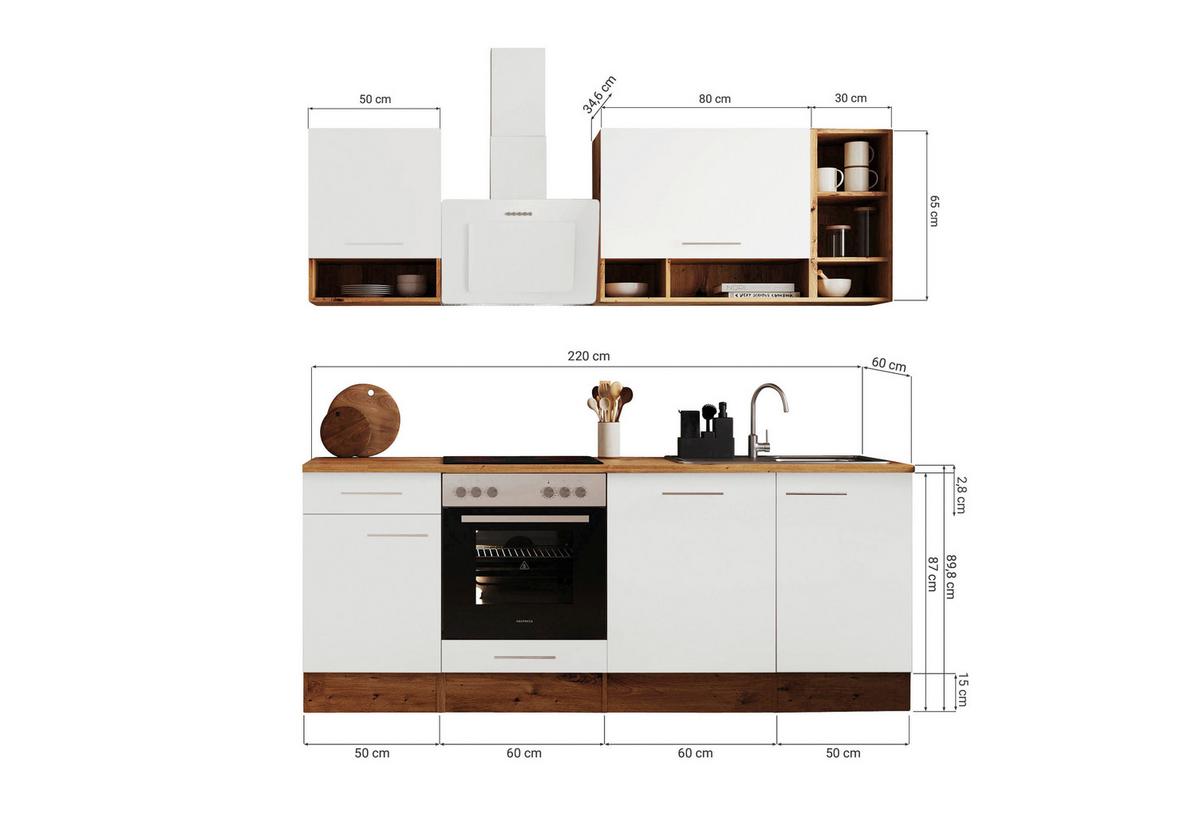 Küchenzeile mit Geräten Eichefarben/Weiß B: ca. 220 cm - Eichefarben/Weiß, MODERN, Holzwerkstoff (220cm) - Respekta