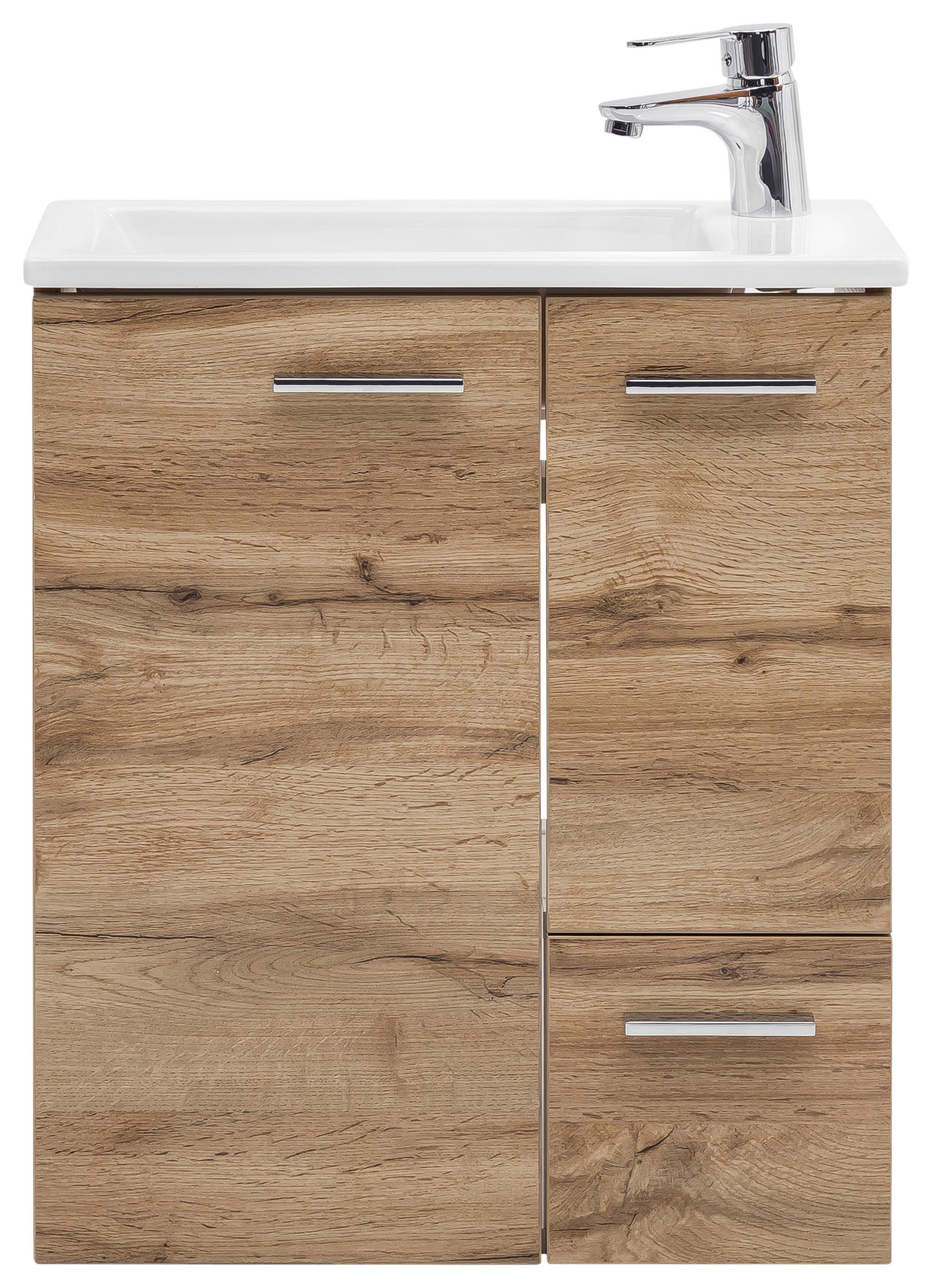 Waschtischkombi Matteo Eiche - Eichefarben/Weiß Hochglanz, MODERN, Keramik/Holzwerkstoff (50cm) - MID.YOU