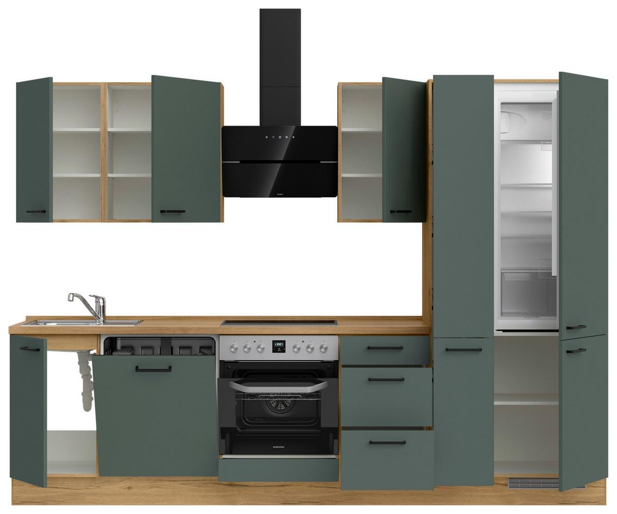 Küchenblock Easytouch High m. Geräten Dunkelgrün - Dunkelgrün/Eichefarben, MODERN, Holzwerkstoff/Metall (300cm) - Nobilia