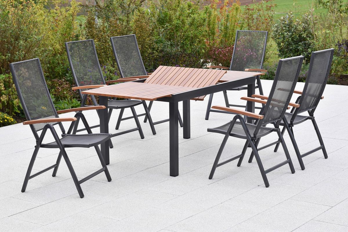 Gartentischgruppe Thasos 13-tlg. Graphitfarben - Graphitfarben/Naturfarben, KONVENTIONELL, Textil/Metall - Gardenson