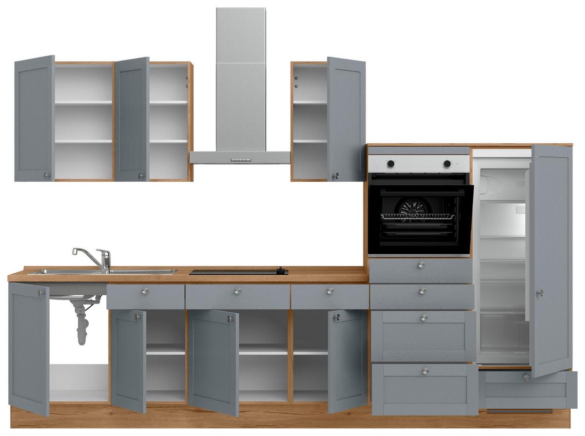 Küchenleerblock Frame Low o. Geräte Blaugrau - Edelstahlfarben/Eichefarben, MODERN, Holzwerkstoff/Metall (330cm) - Nobilia