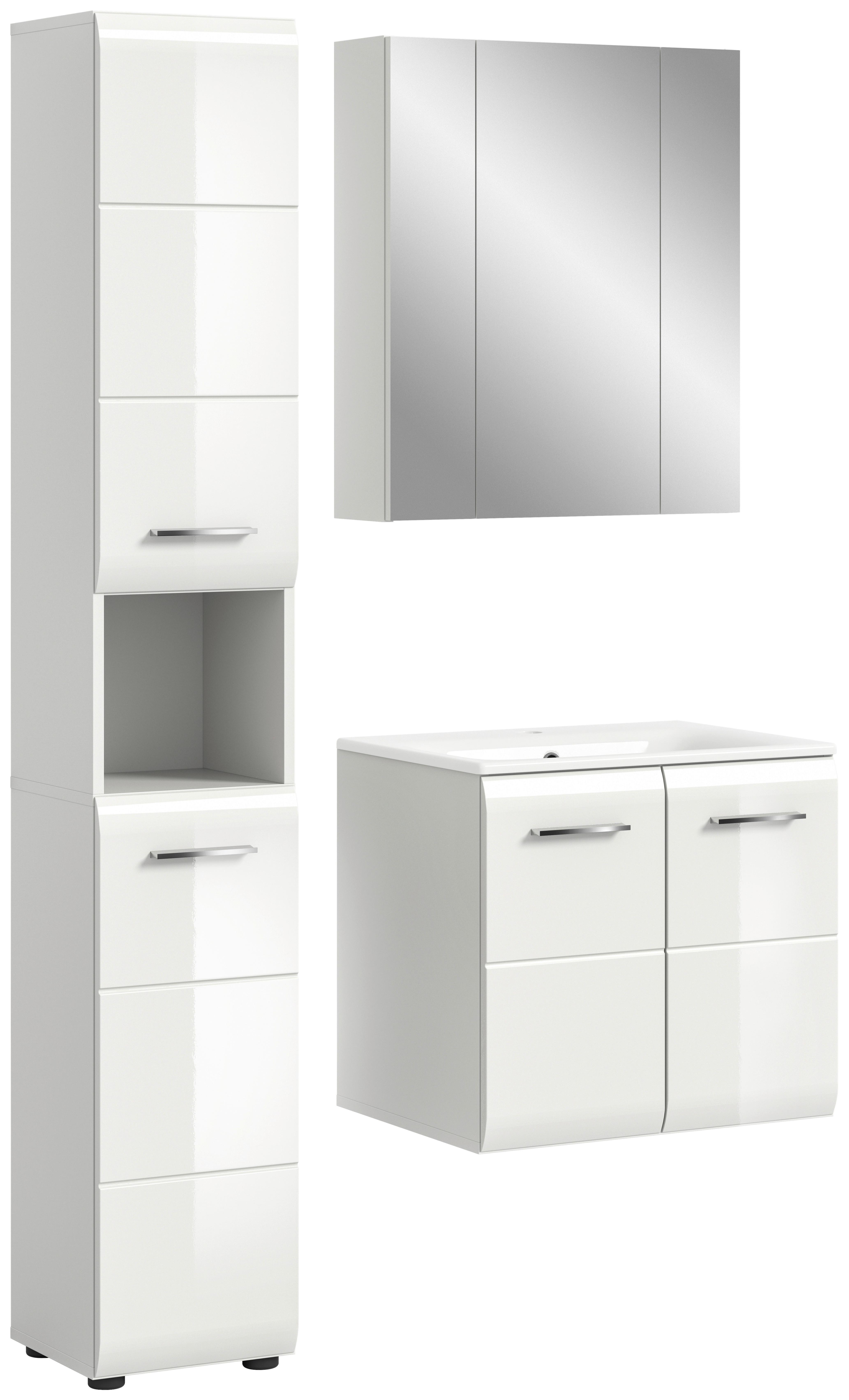 Badezimmer Ice 3-tlg. ca. 90 cm Weiß - Weiß Hochglanz/Silberfarben, MODERN, Keramik/Holzwerkstoff - MID.YOU