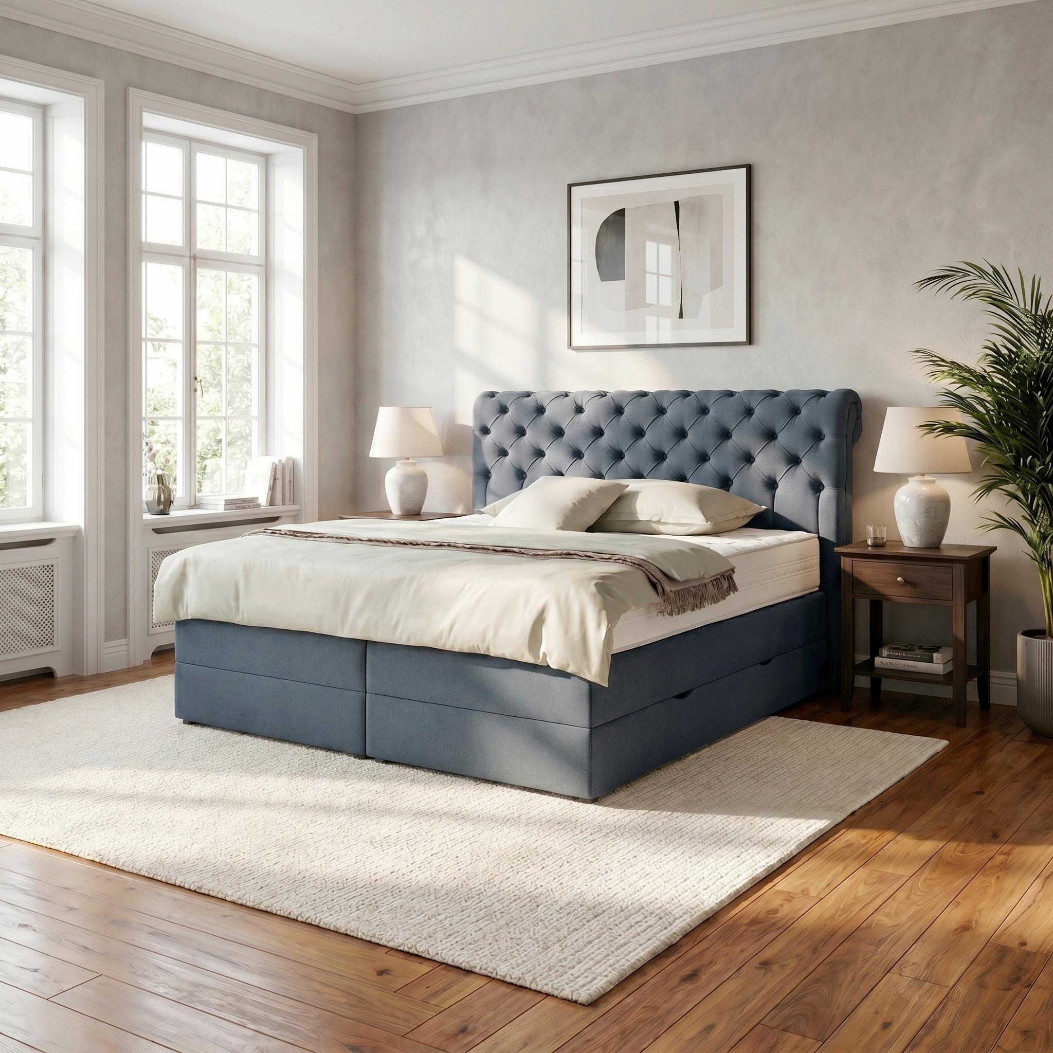 Boxspringbett Belano Dunkelblau ca. 180x200cm - Dunkelblau, KONVENTIONELL, Holz/Holzwerkstoff (180/200cm) - Premium Living