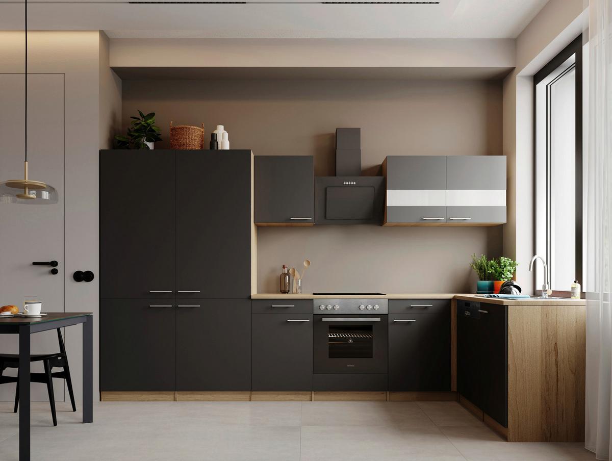 Eckküche Merle m. Geräten ca. 340x172cm Grau - Edelstahlfarben/Eichefarben, Trend, Holzwerkstoff/Metall (340/172cm) - Respekta