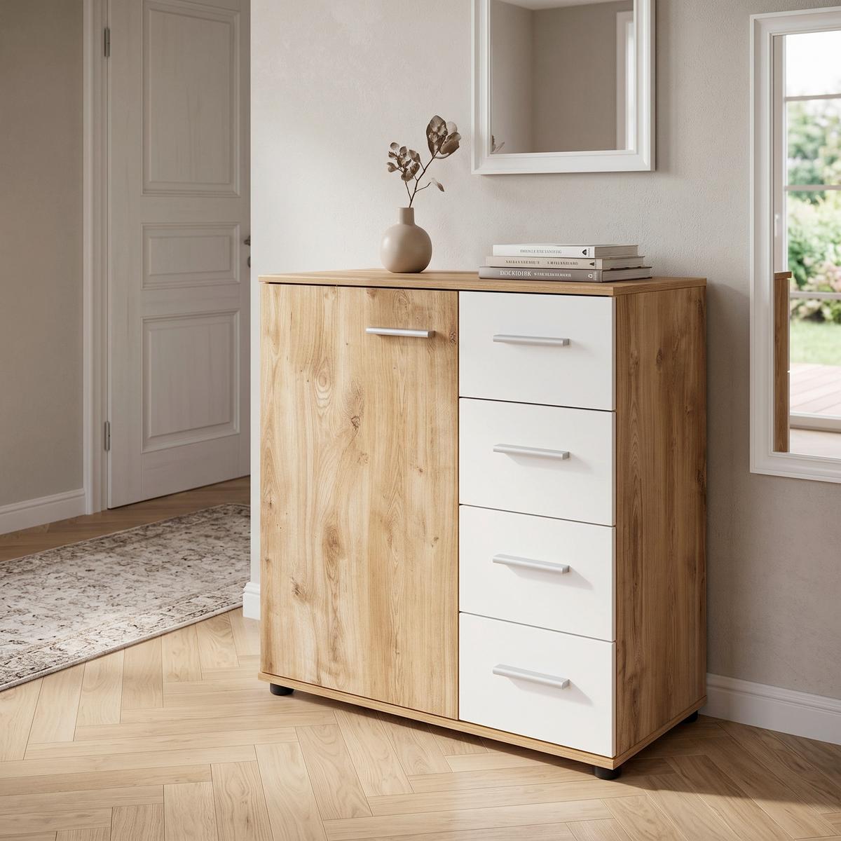 Komoda Katrin, Bela, Barva Hrasta - barve hrasta/bela, Konvencionalno, umetna masa/leseni material (81/83/41cm) - Modern Living