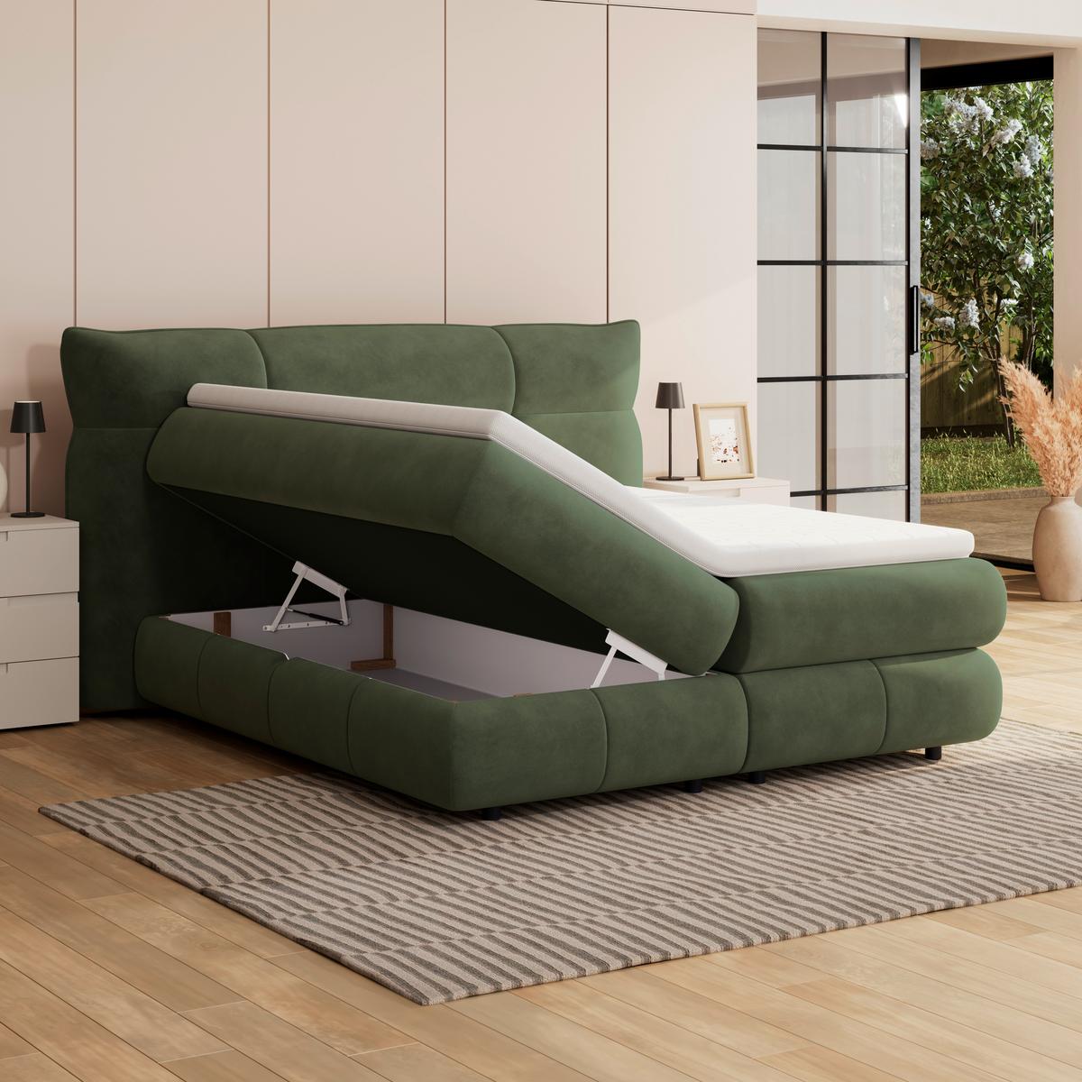 Boxspring Krevet Carmelo - tamno zelena/crna, Trend, tekstil/plastika (160/200cm) - Premium Living