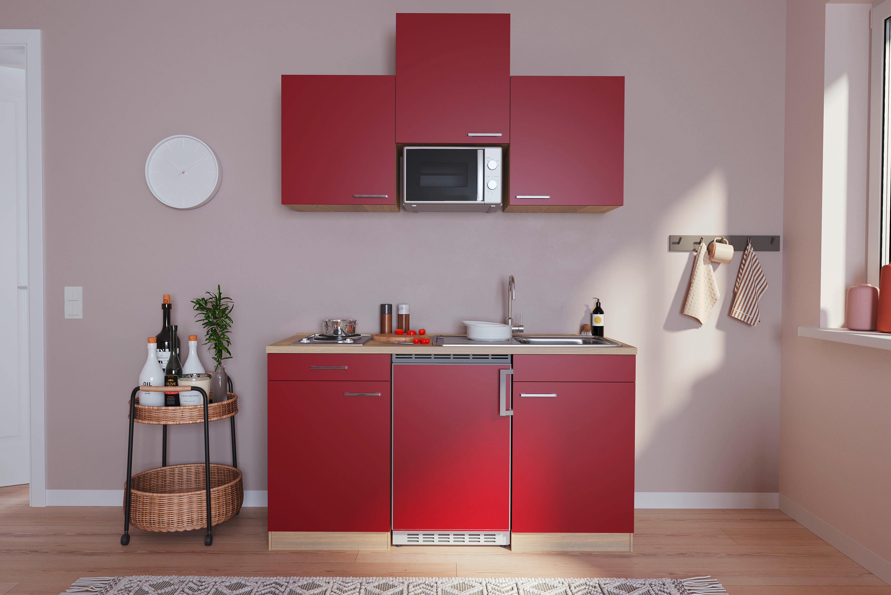 Miniküche Economy m. Geräten B: ca. 150cm Rot/Eichefarben - Rot, Basics, Holzwerkstoff (150cm) - Respekta