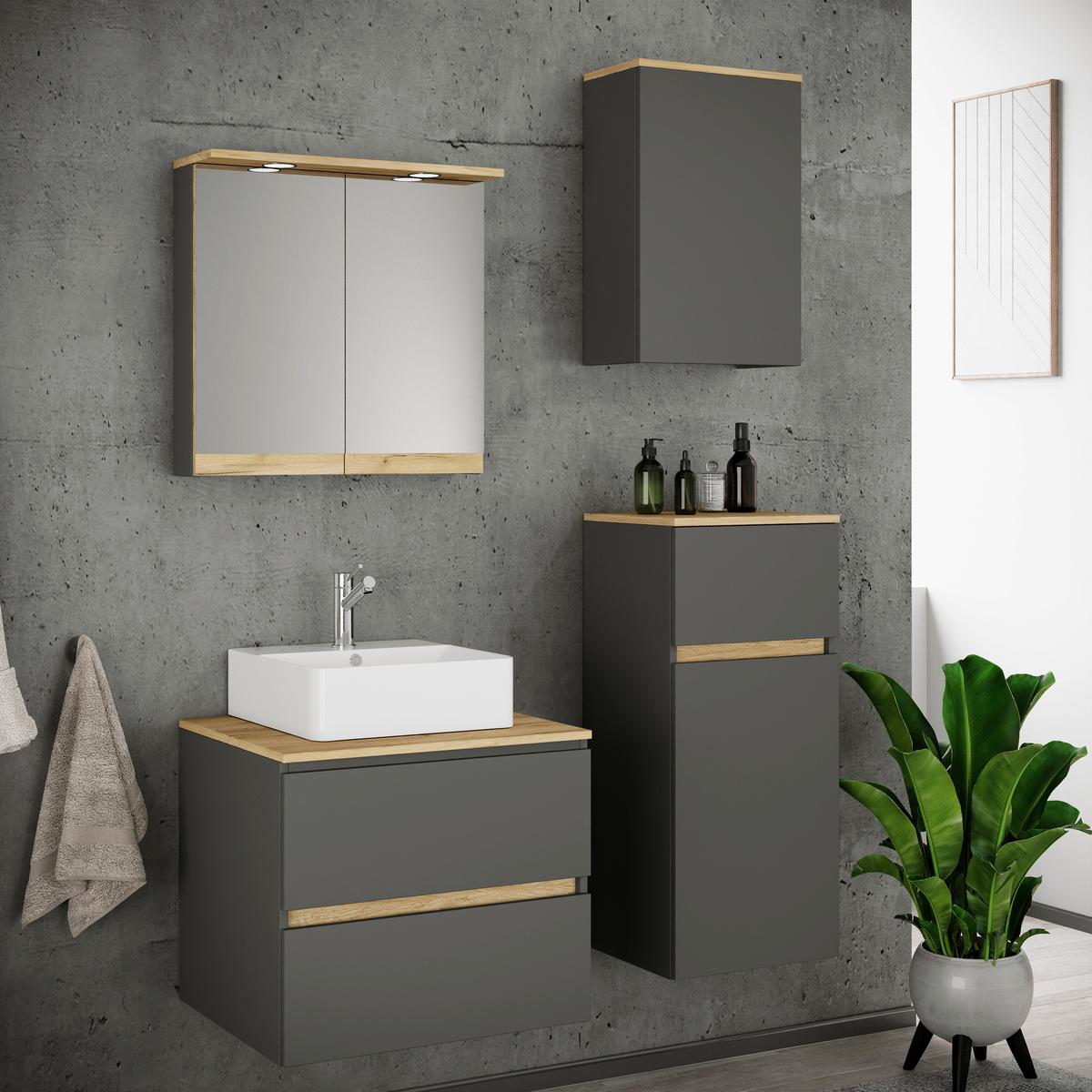Badezimmer Cosila - Honigeiche/Weiss, Trend, Keramik/Holzwerkstoff (100cm) - MID.YOU