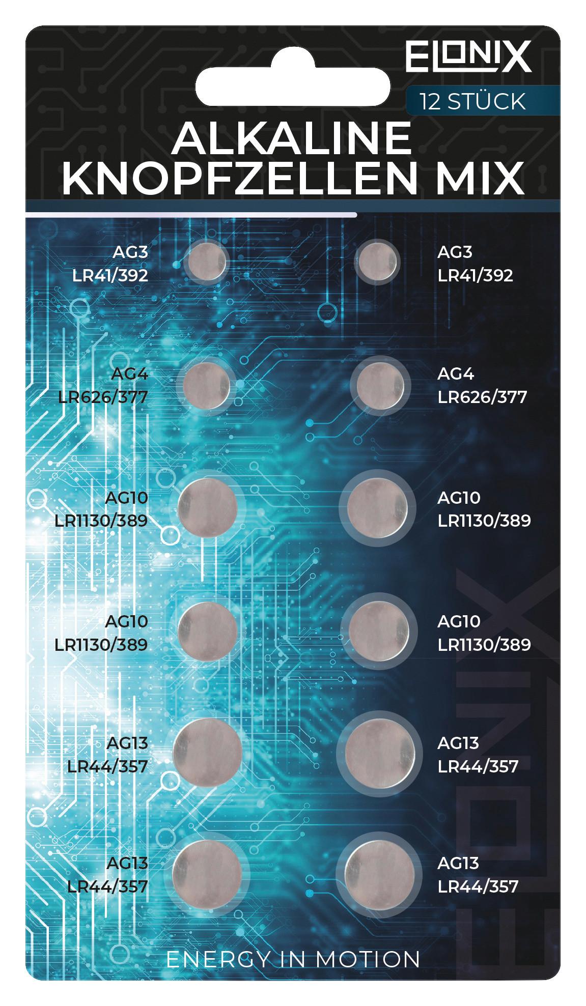 Batterie Alkaline Knopfzellenmix 12er Packung - Blau/Grau, Basics (8,9/15,9/1cm) - Elonix