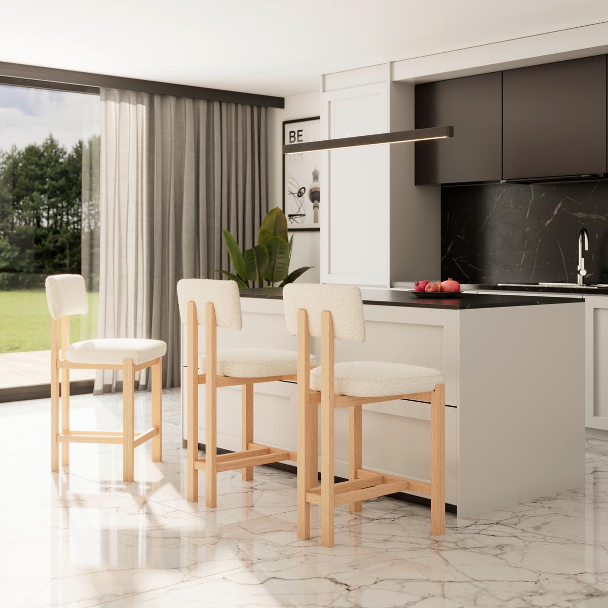 Barhocker Jonna Creme Bouclé Gepolstert - Creme/Naturfarben, MODERN, Holz/Textil (51/102/54cm) - Bessagi Home