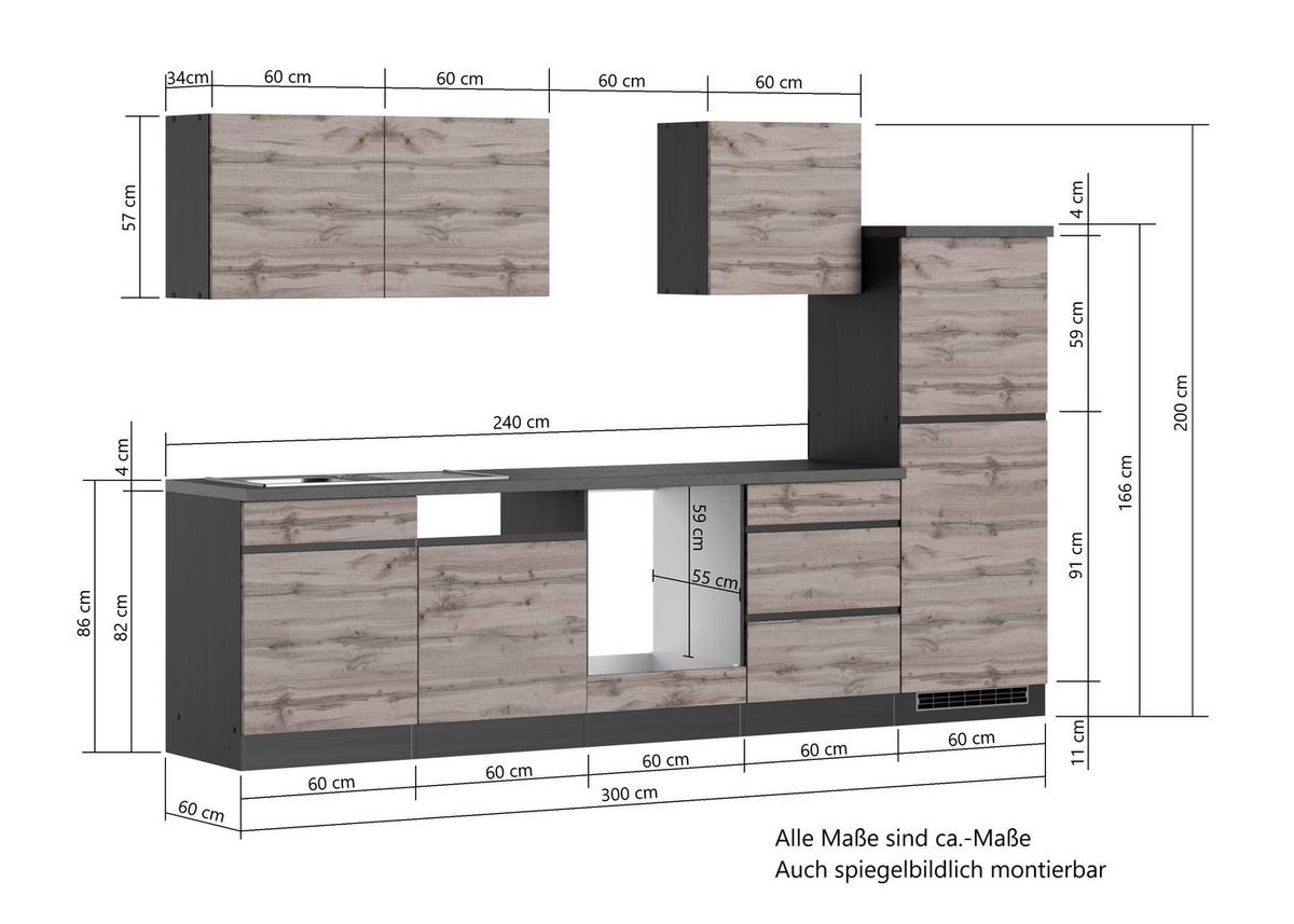 Küchenblock Turin ohne Geräte ca. 300 cm Eiche/Grau - Eiche Wotan/Graphitfarben, Design, Holzwerkstoff (300cm) - Held