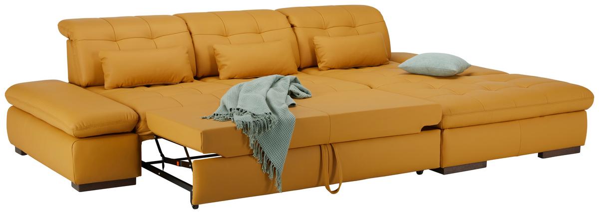 Ledersofa in Gelb mit Bettfunktion - Currygelb/Chromfarben, Konventionell, Leder/Metall (305/199cm) - Premium Living
