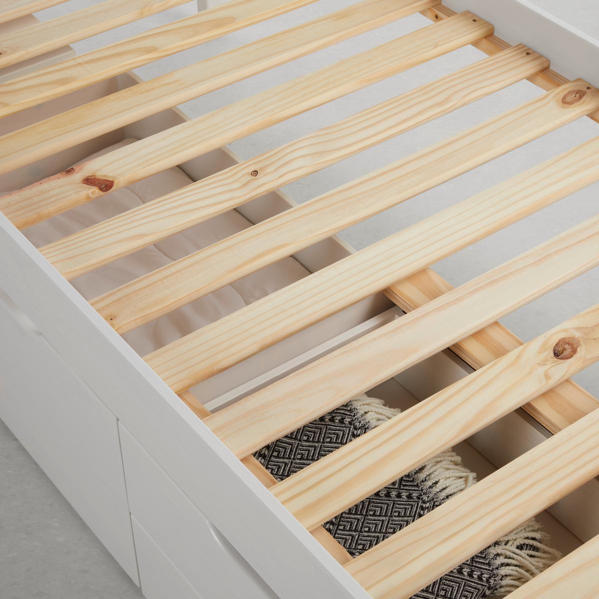 Stauraumbett in Weiß ca. 90x200cm - Weiss/Naturfarben, Konventionell, Holz (90/200cm) - Zandiara