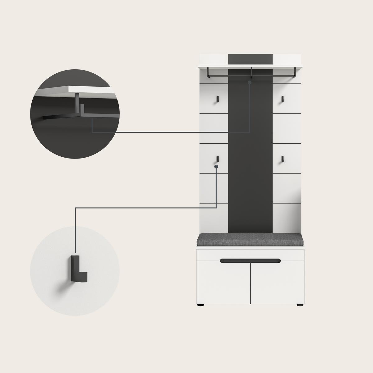 Predsoba Canu, Bela, Siva, 5-Delna - siva/bela, Design, leseni material (255/190/37cm) - Livetastic