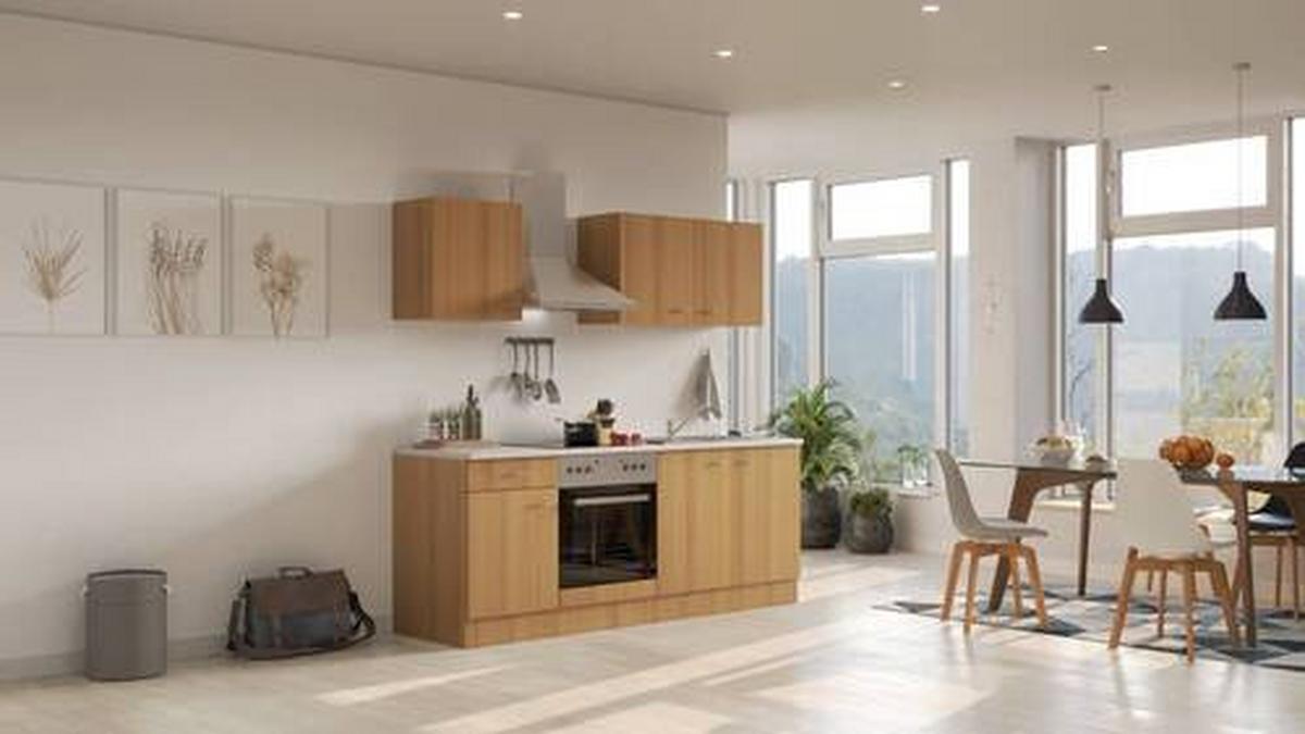 Küchenblock Nano mit Geräten ca. 210 cm Buchefarben - Edelstahlfarben/Beige, MODERN, Holzwerkstoff/Kunststoff (210cm) - FlexWell