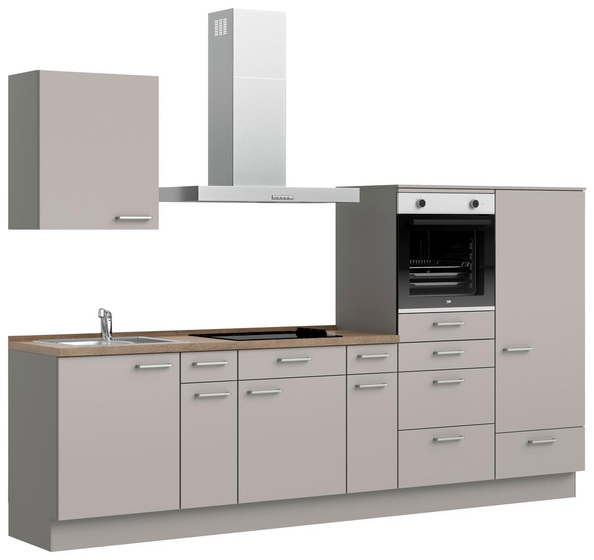 Küchenblock Touch Low m. Geräten Grau - Eiche dunkel/Edelstahlfarben, MODERN, Holzwerkstoff/Metall (300cm) - Nobilia