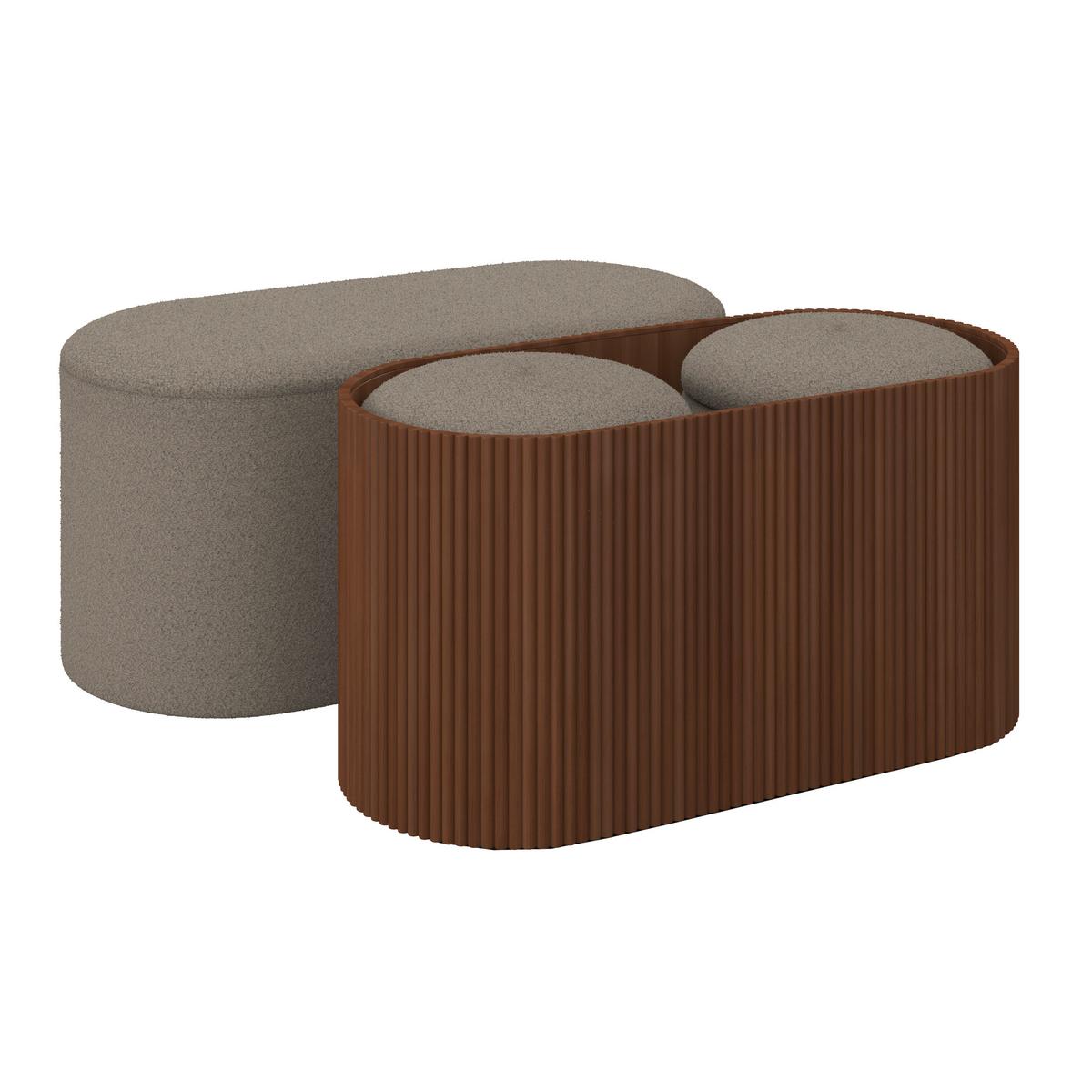 Sitzbank Nina mit Stauraum inkl. 2 Hocker Bouclé Beige - Beige/Naturfarben, MODERN, Holz/Holzwerkstoff - Bessagi Home