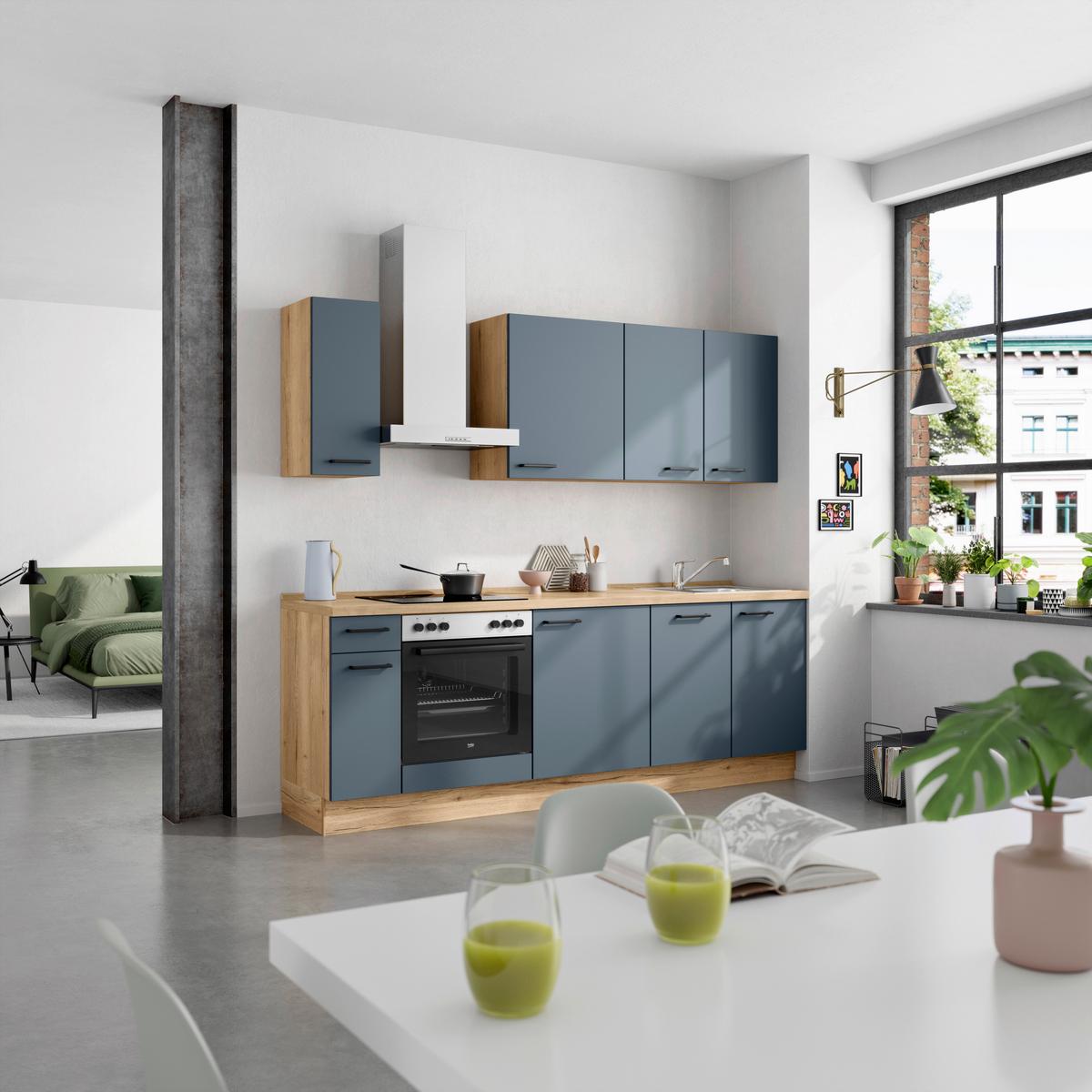 Küchenblock Easytouch Low m. Geräten Dunkelblau - Eichefarben/Schwarz, MODERN, Holzwerkstoff/Metall (240cm) - Nobilia