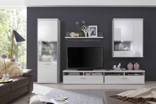 MEBLOŚCIANKA DO SALONU TRENTO - biały wysoki połysk/kolor srebrny, Design, materiał drewnopochodny/metal (321/201/52cm) - Livetastic