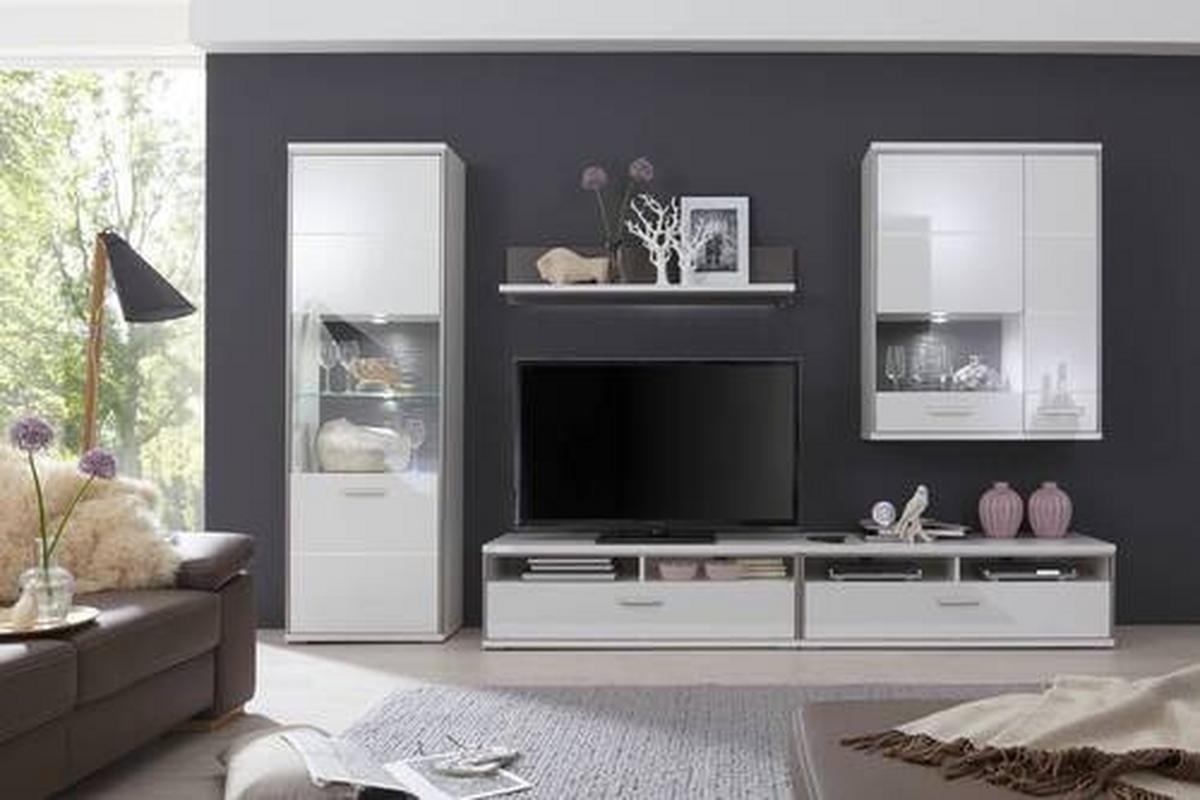 MEBLOŚCIANKA DO SALONU TRENTO - biały wysoki połysk/kolor srebrny, Design, materiał drewnopochodny/metal (321/201/52cm) - Livetastic
