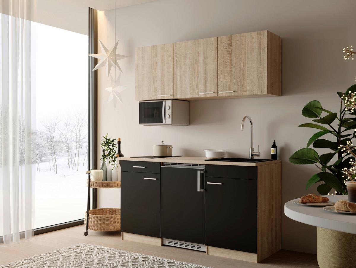 Miniküche Ingrid m. Geräten ca. 150cm Schwarz - Eichefarben/Schwarz, Design, Holzwerkstoff/Kunststoff (150cm) - Respekta