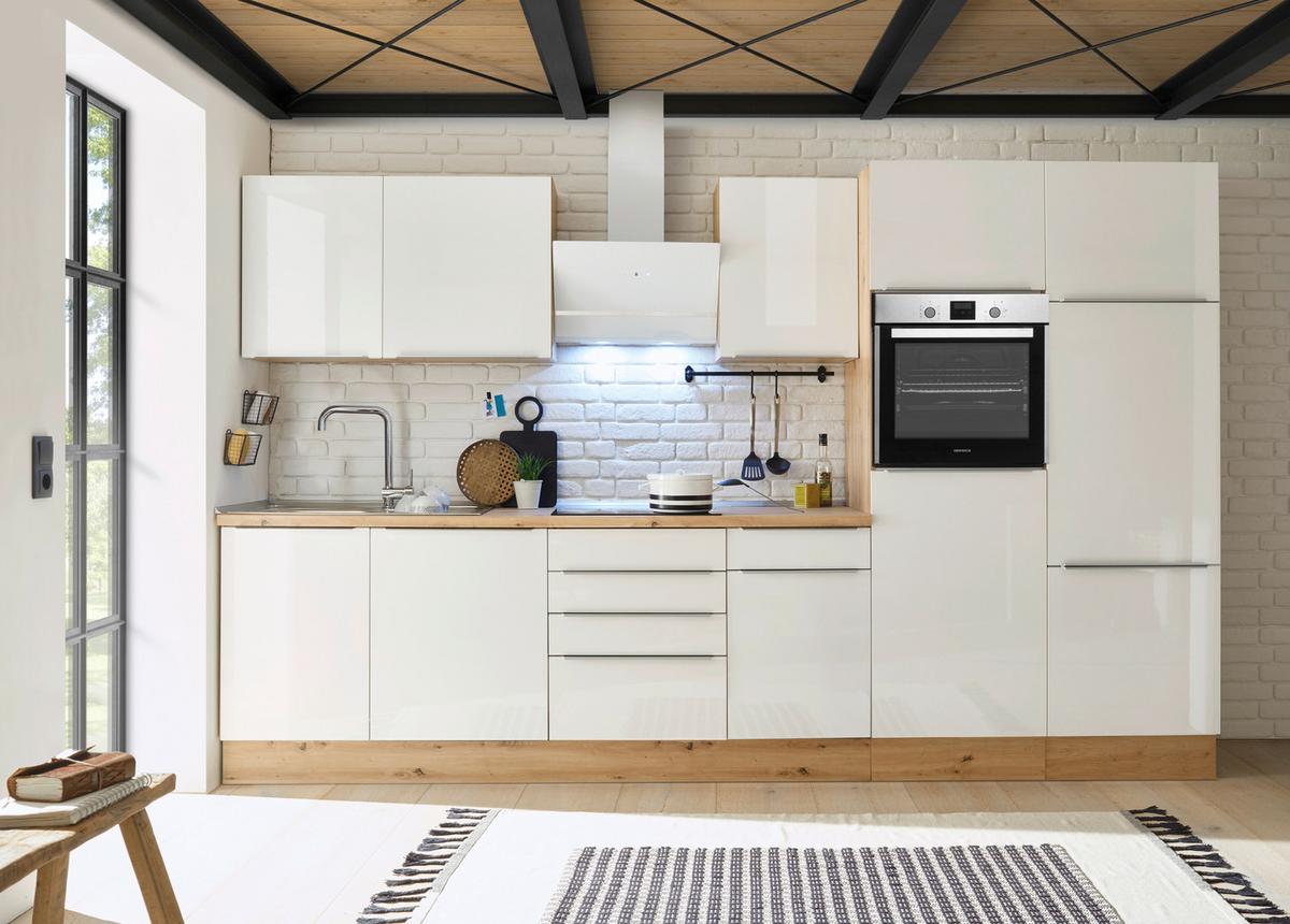 Küchenblock Marleen m. Geräten Weiß B: ca. 340 cm - Weiß Hochglanz/Alufarben, LIFESTYLE, Holzwerkstoff/Kunststoff (340cm) - Respekta