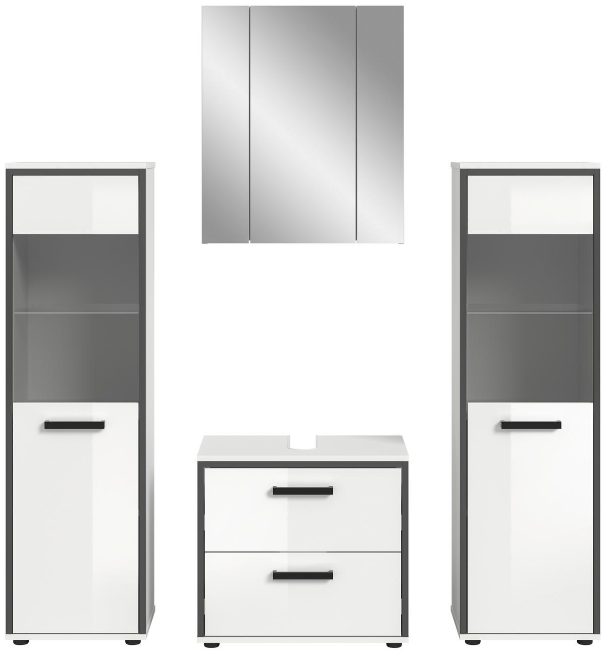 Badezimmer Kojak 4-tlg. Weiß/Anthrazit - Weiß Hochglanz/Schwarz, MODERN, Holzwerkstoff/Kunststoff (140cm) - MID.YOU