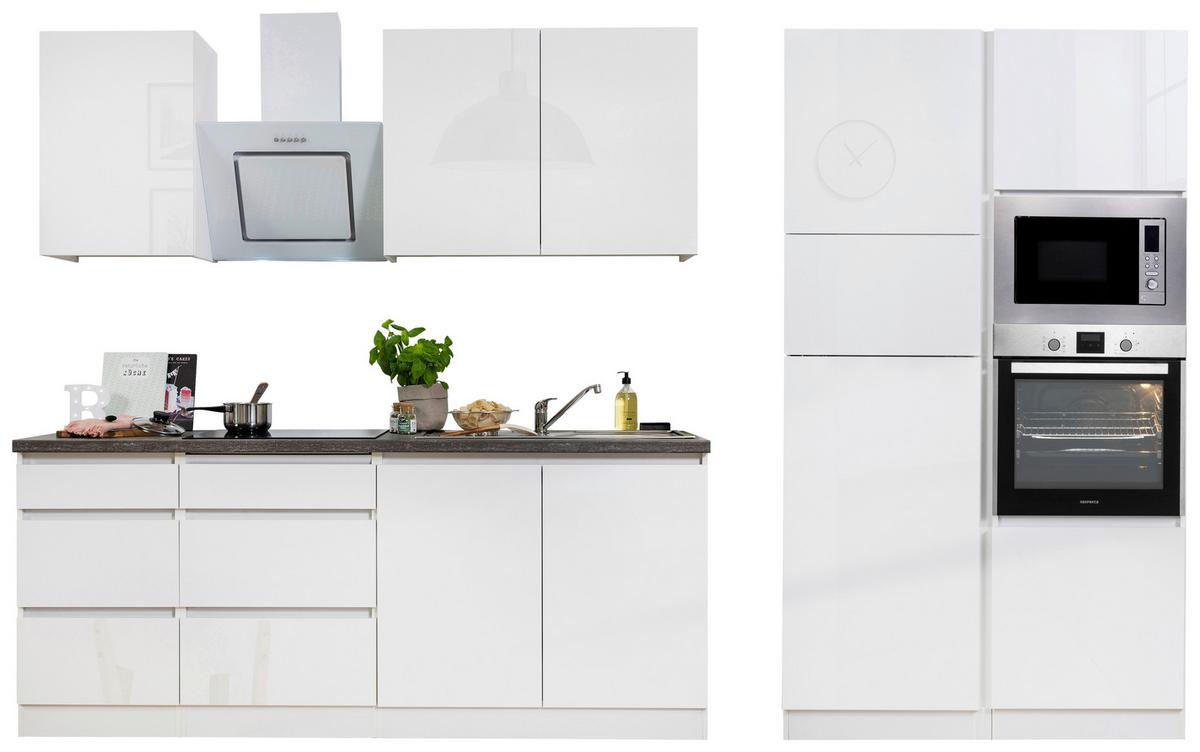 Küchenblock Lorena mit Geräten ca. 335 cm Weiß Hochglanz - Weiß Hochglanz/Graphitfarben, Basics, Holzwerkstoff (335cm) - Respekta