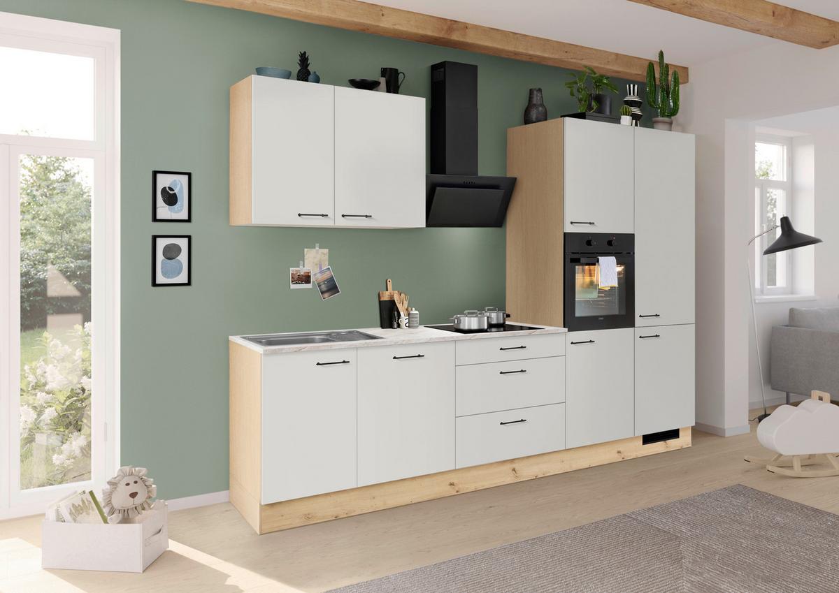 Küchenblock IP1200 o. Geräte Weiß - Eichefarben/Schwarz, MODERN, Holzwerkstoff/Metall (310cm) - Impuls