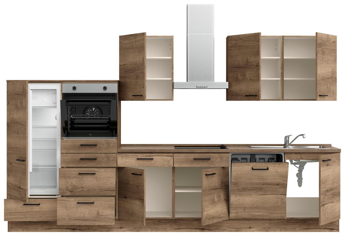 Küchenblock Structura Low m. Geräten Eiche dunkel - Eiche dunkel/Eichefarben, MODERN, Holzwerkstoff/Metall (360cm) - Nobilia