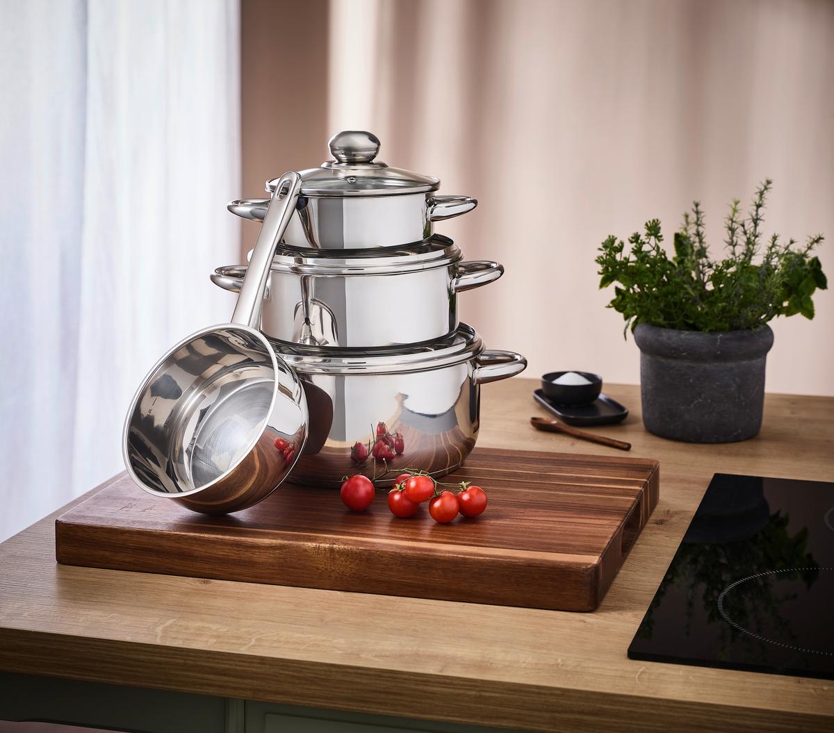 ZESTAW GARNKÓW BASIC COOKING - kolor stalowy/przejrzysty, Basics, metal/szkło - Boxxx