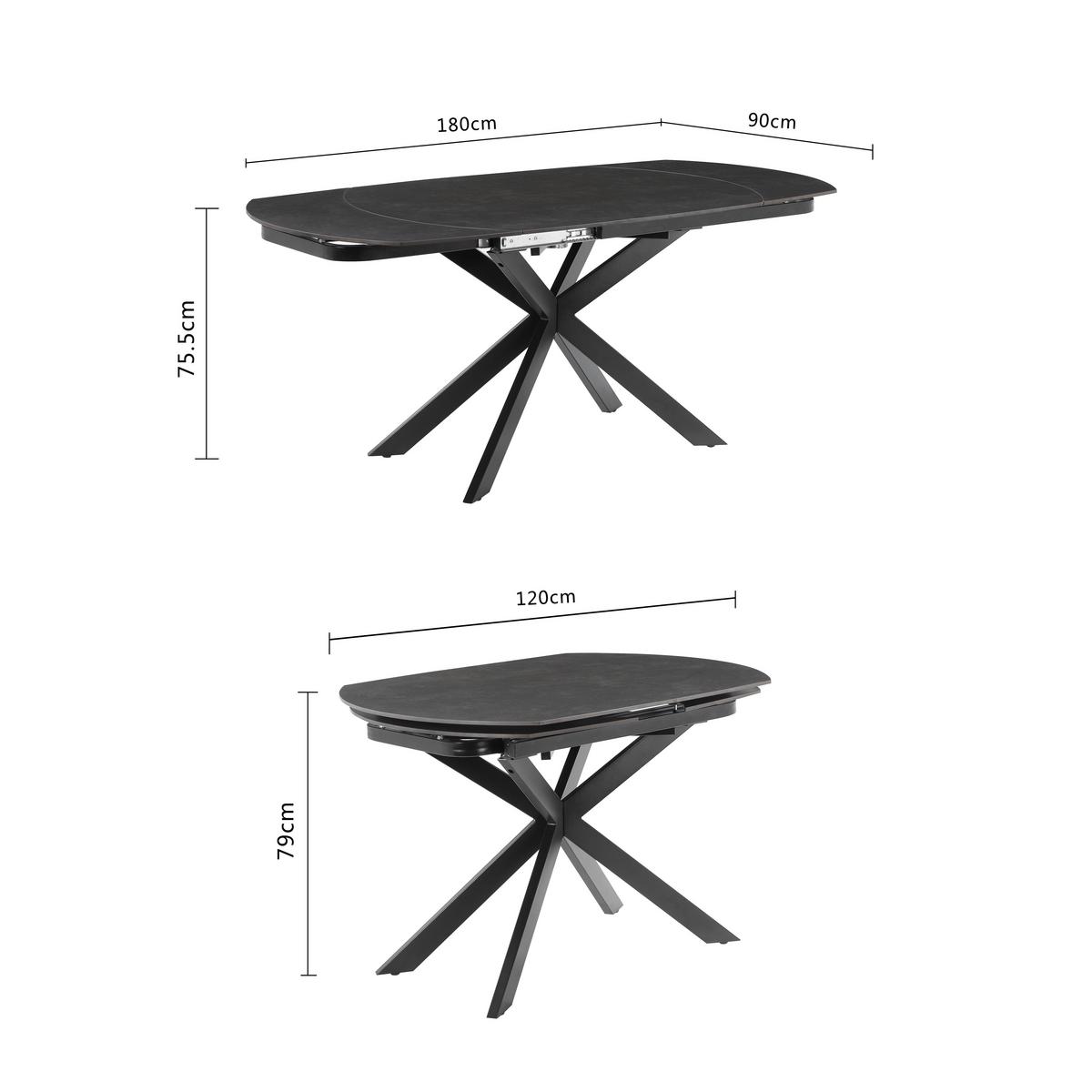 Raztegljiva Miza Senna, Temno Siva, 120-180x90 - siva/črna, Moderno, kamen/kovina (120-180/90/75.5-79cm) - P & B
