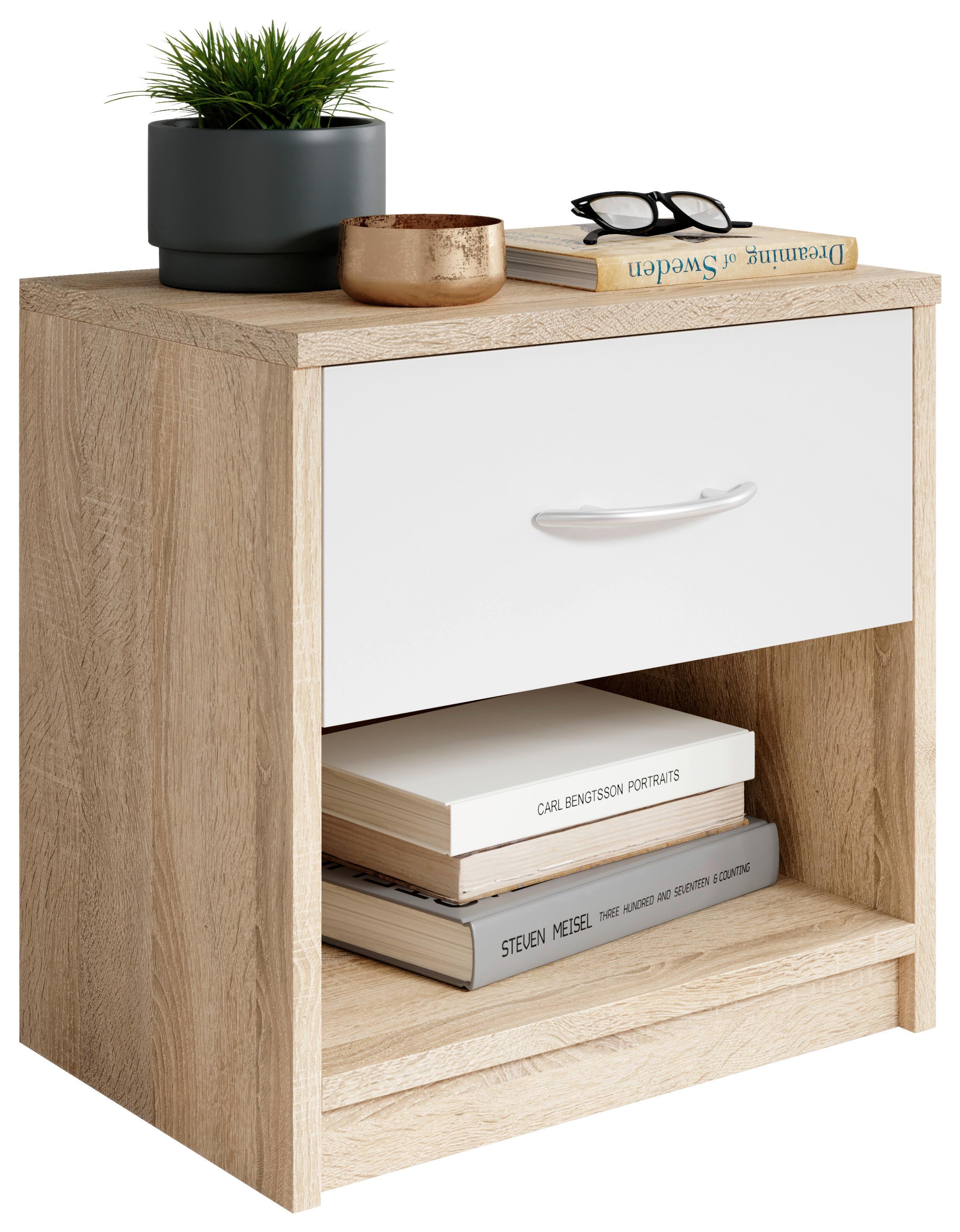 Nachtkästchen Fair Weiß/Eichefarben - Eichefarben/Silberfarben, KONVENTIONELL, Holzwerkstoff/Kunststoff (39/41/28cm) - Based