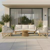 Loungegarnitur Mara Creme Outdoorstoff/Metall +Abdeckung - Weiß/Teakfarben, MODERN, Holz/Textil (165/62,5/70cm) - Bessagi Garden