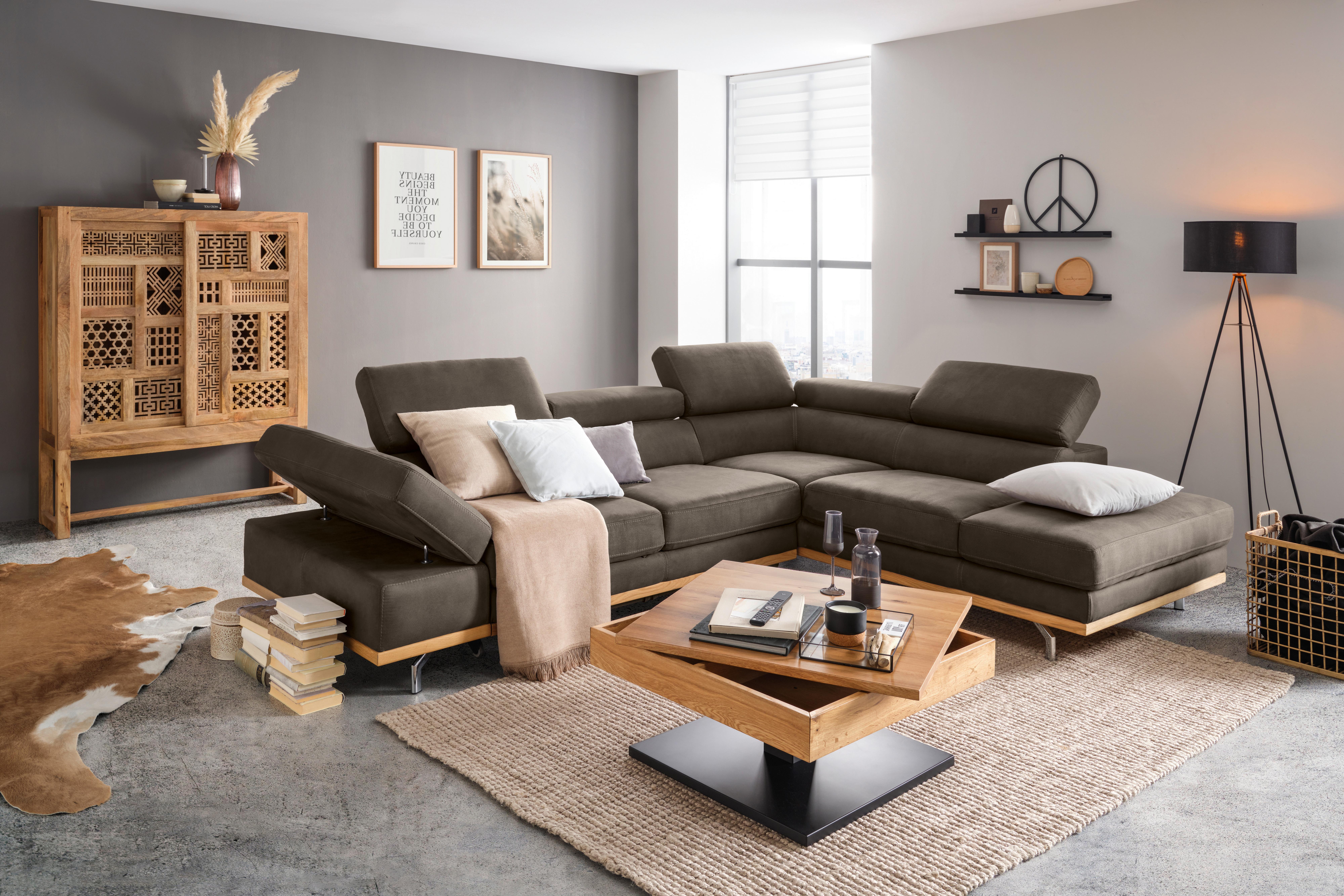 Wohnlandschaft Carmen rechts Graublau - Graublau/Schwarz, MODERN, Leder/Holz (292/72/226cm) - Premium Living