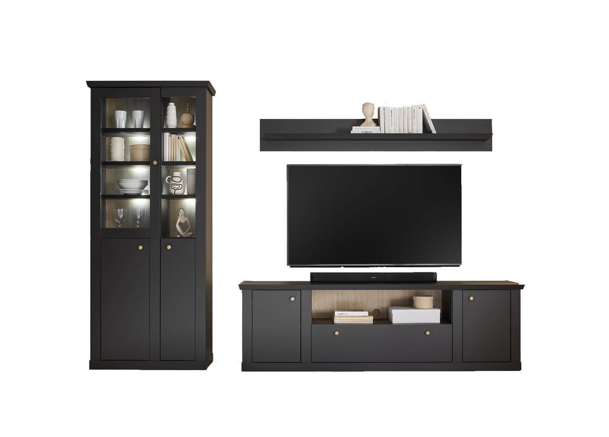 Wohnwand Lincoln Schwarz/Eichefarben B: 301cm - Eichefarben/Messingfarben, Design, Holzwerkstoff/Metall (301/200/42cm) - MID.YOU